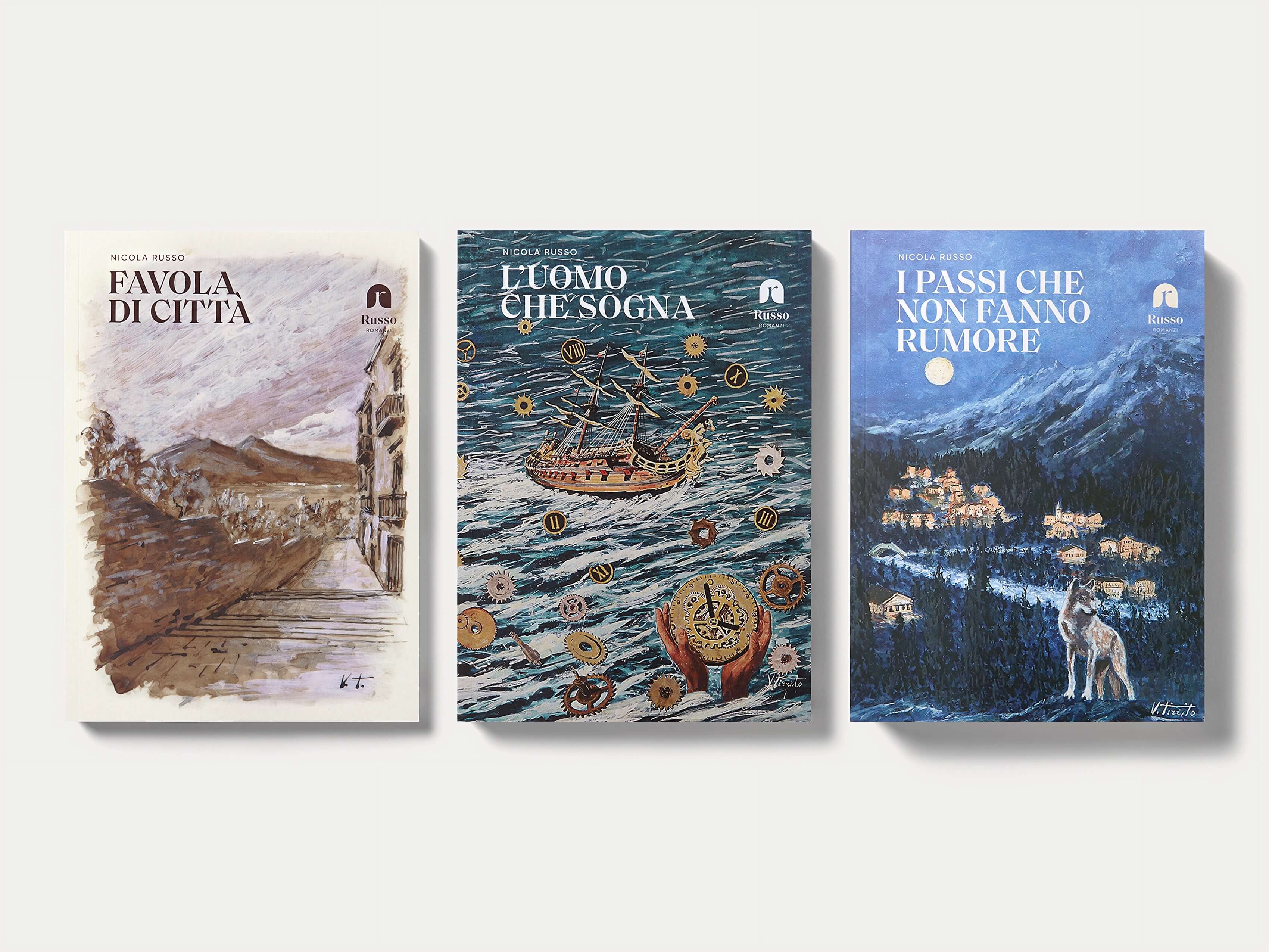 Fronte copertine dei tre romanzi dello scrittore indipendente Nicola Russo