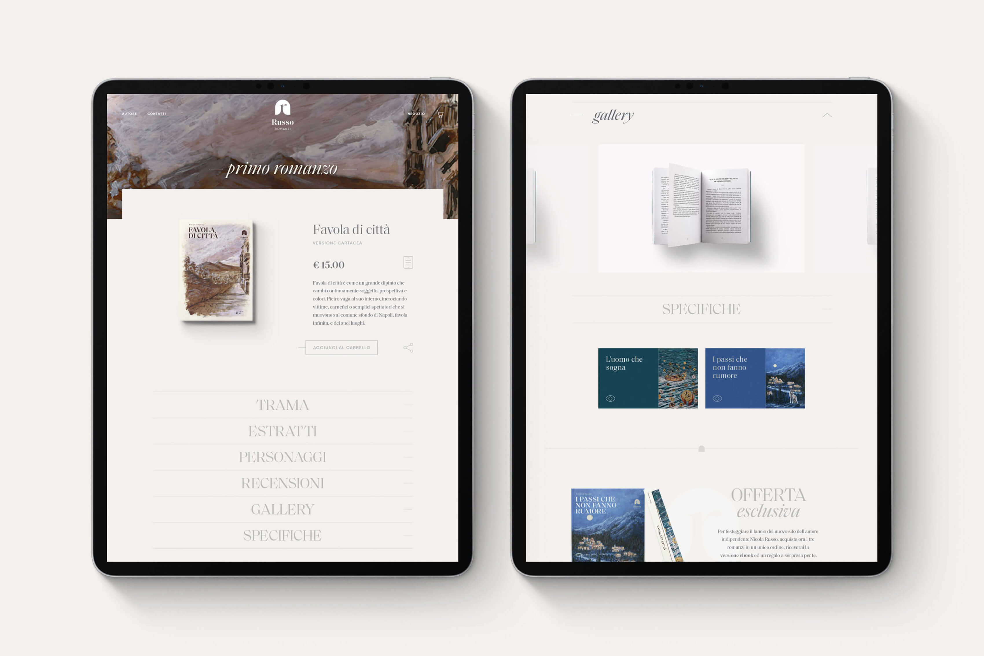 Dettaglio della pagina singolo romanzo del sito e-commerce www.russoromanzi.it in versione tablet verticale