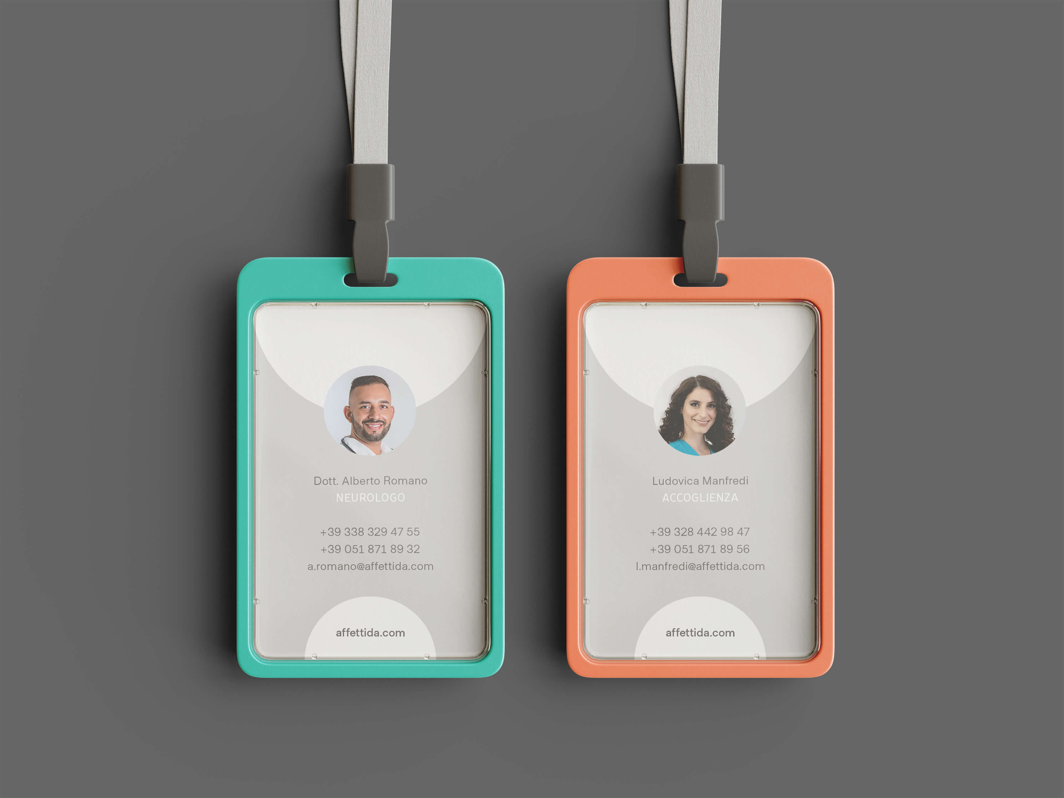 Due esempi di badge per le figure professionali che supportano e lavorano per l'associazione onlus Affetti da