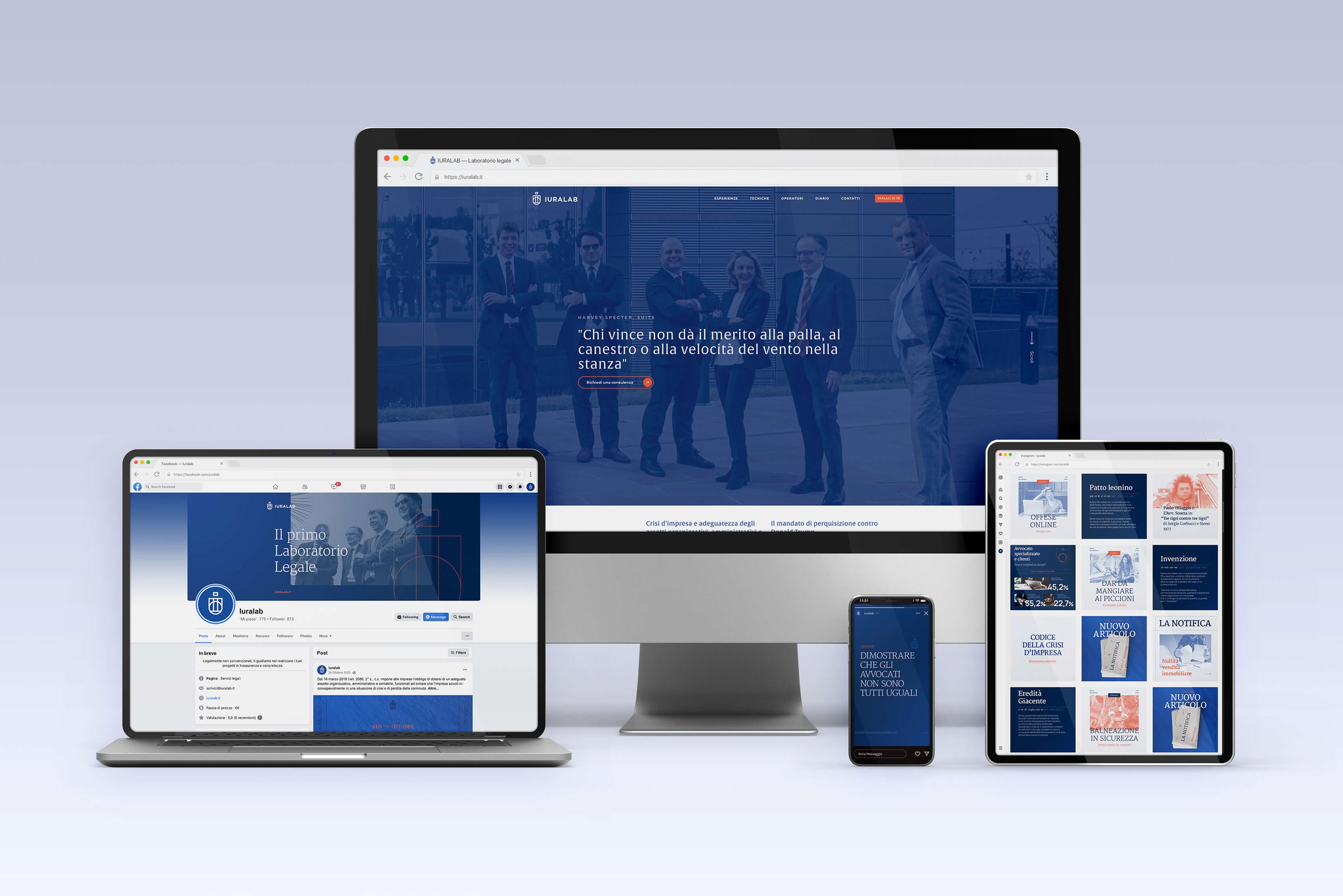 Coordinato pagine e format social del laboratorio legale Iuralab in tutte le versioni responsive