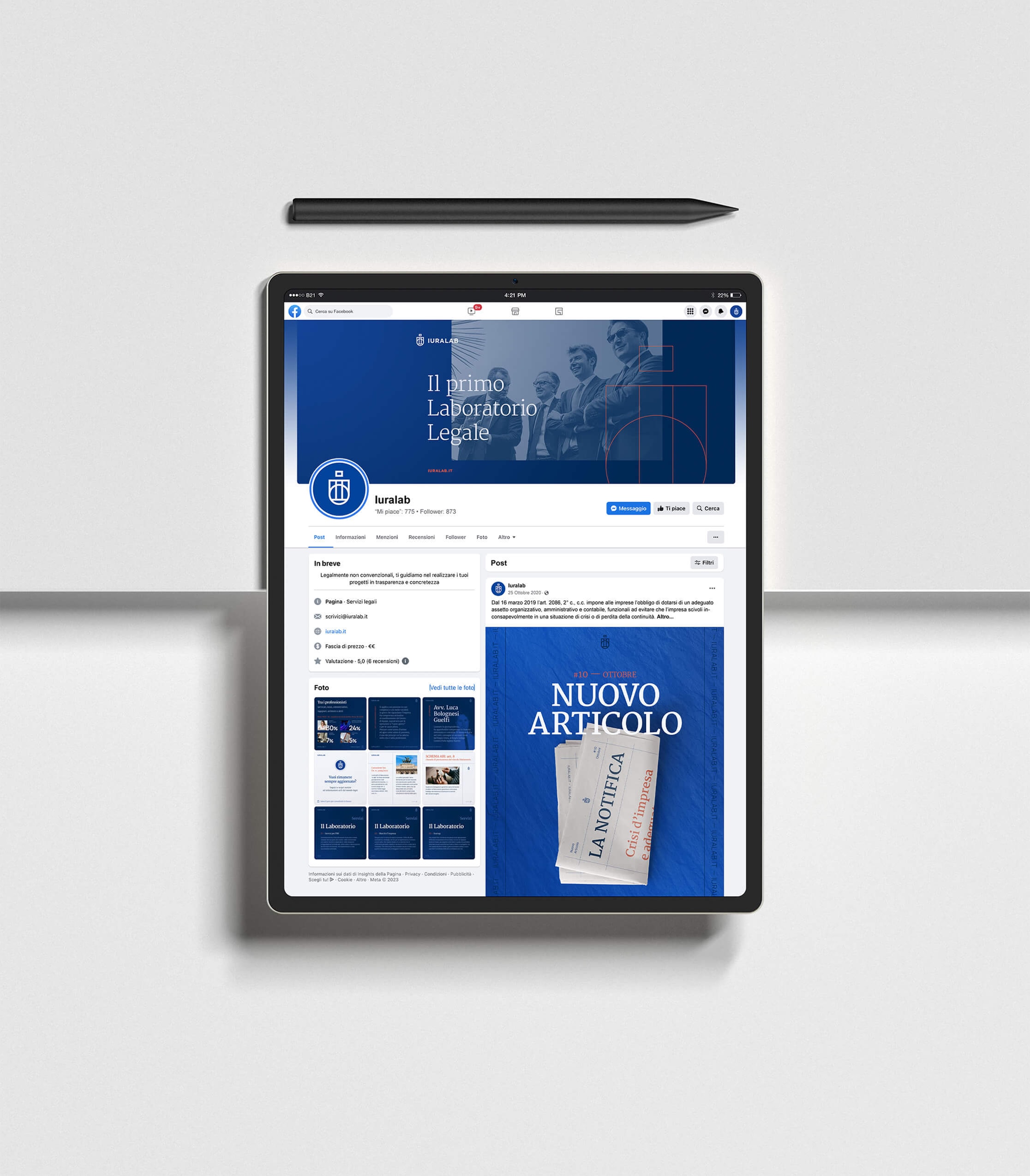 Pagina Facebook del laboratorio legale Iuralab in versione tablet verticale