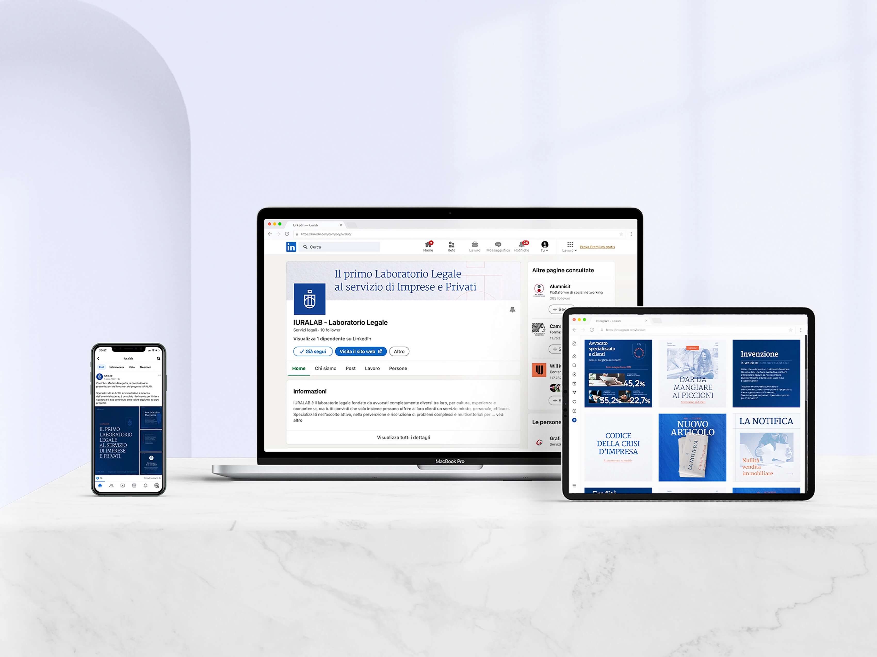 Esempio di carousel Facebook, pagina Linkedin e feed Instagram del laboratorio legale Iuralab, rispettivamente su smartphone, desktop e tablet