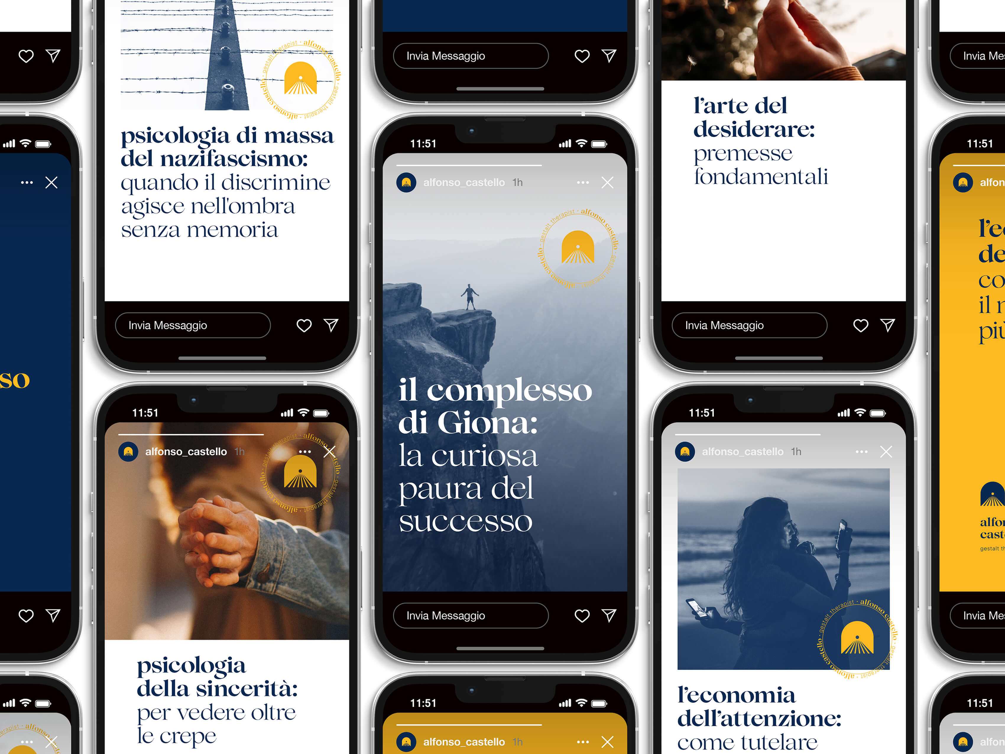 Serie di smartphone dove sono visualizzati diversi esempi di format story dello psicologo Alfonso Castello