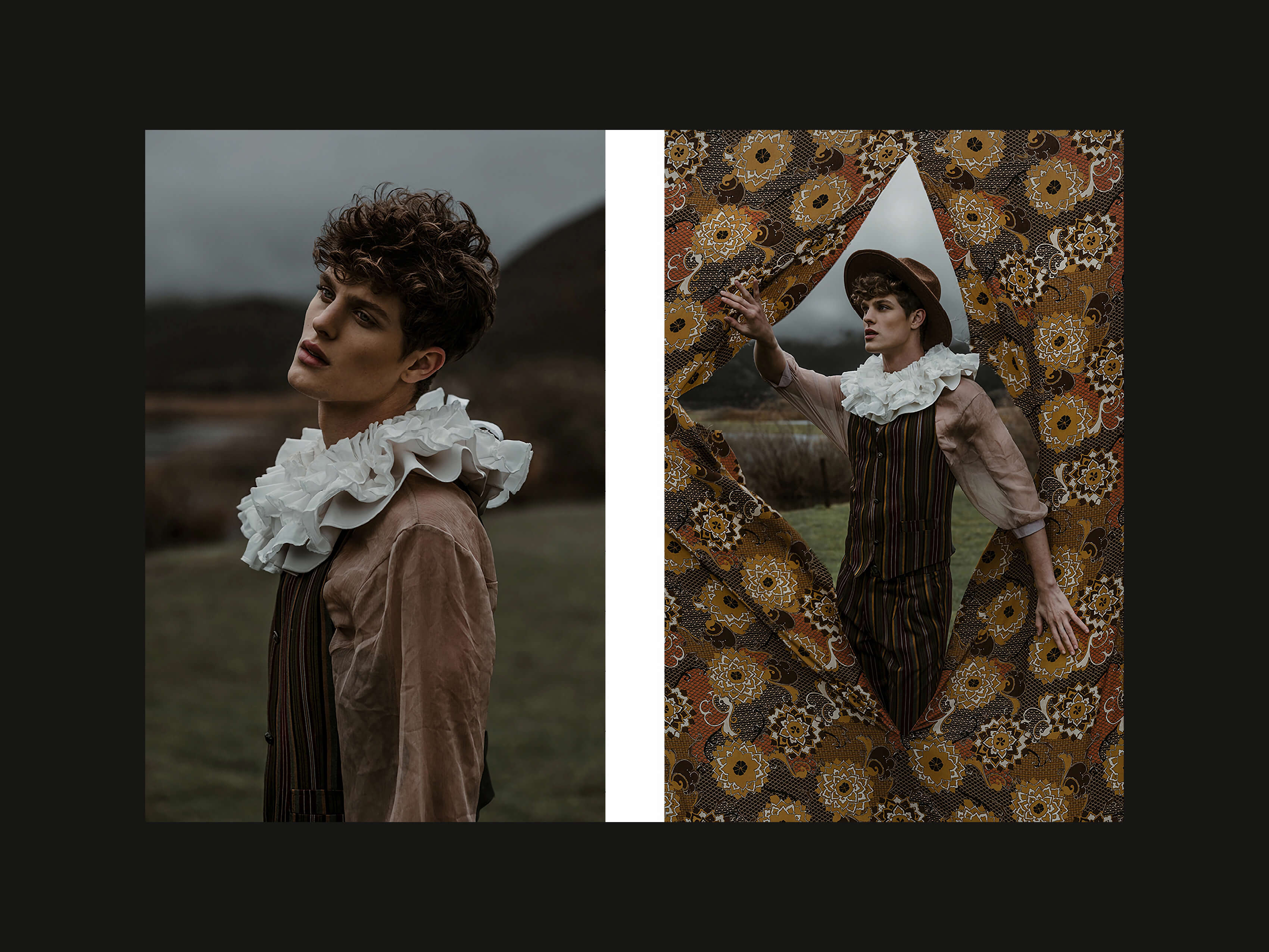 Young man in vintage outfit with white ruffled collar posing outdoors, seen in a close-up and stepping through patterned curtains.