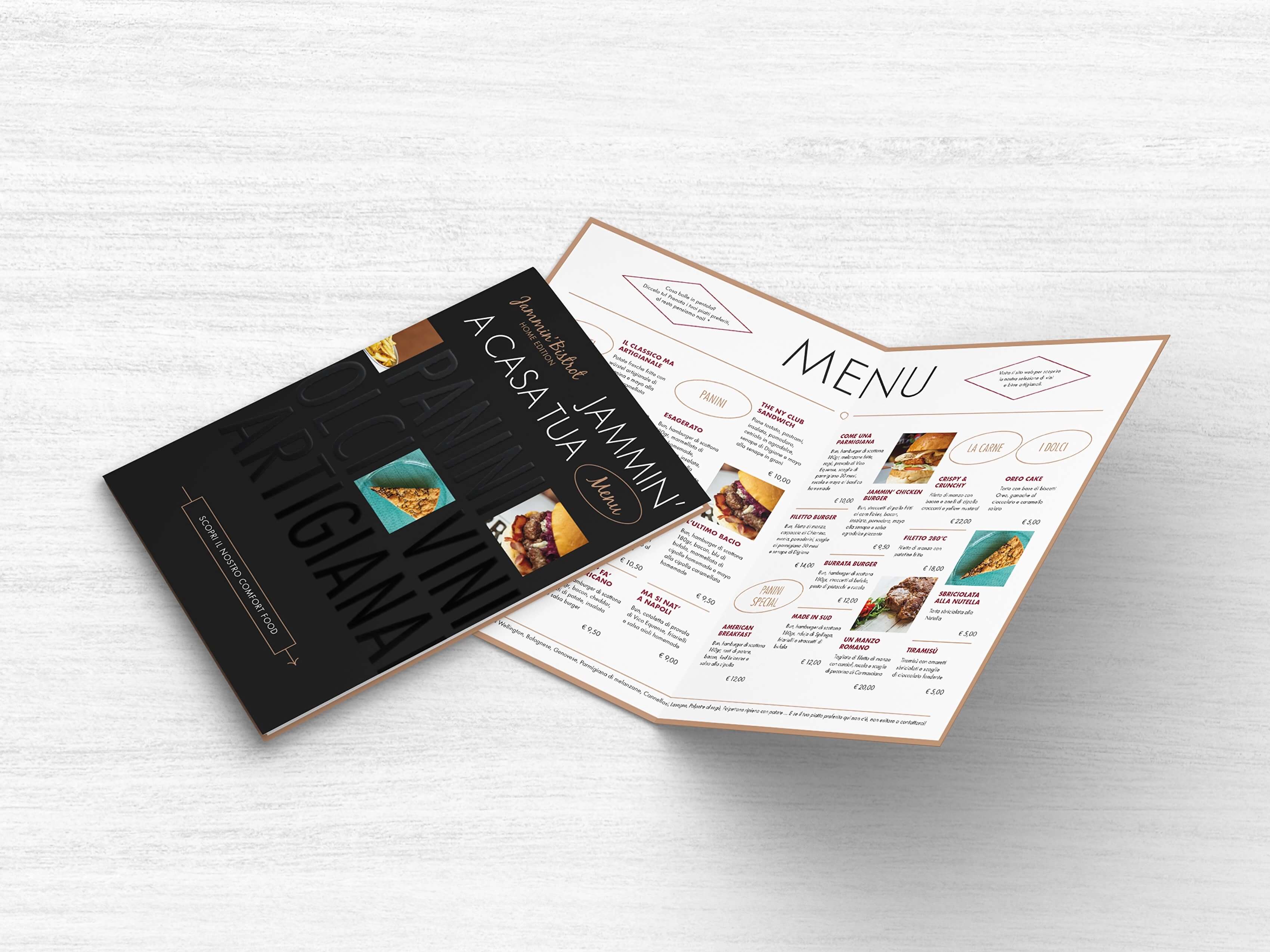 Fronte e Retro menu A5 Jammin' Bistrot Home Edition aperti
