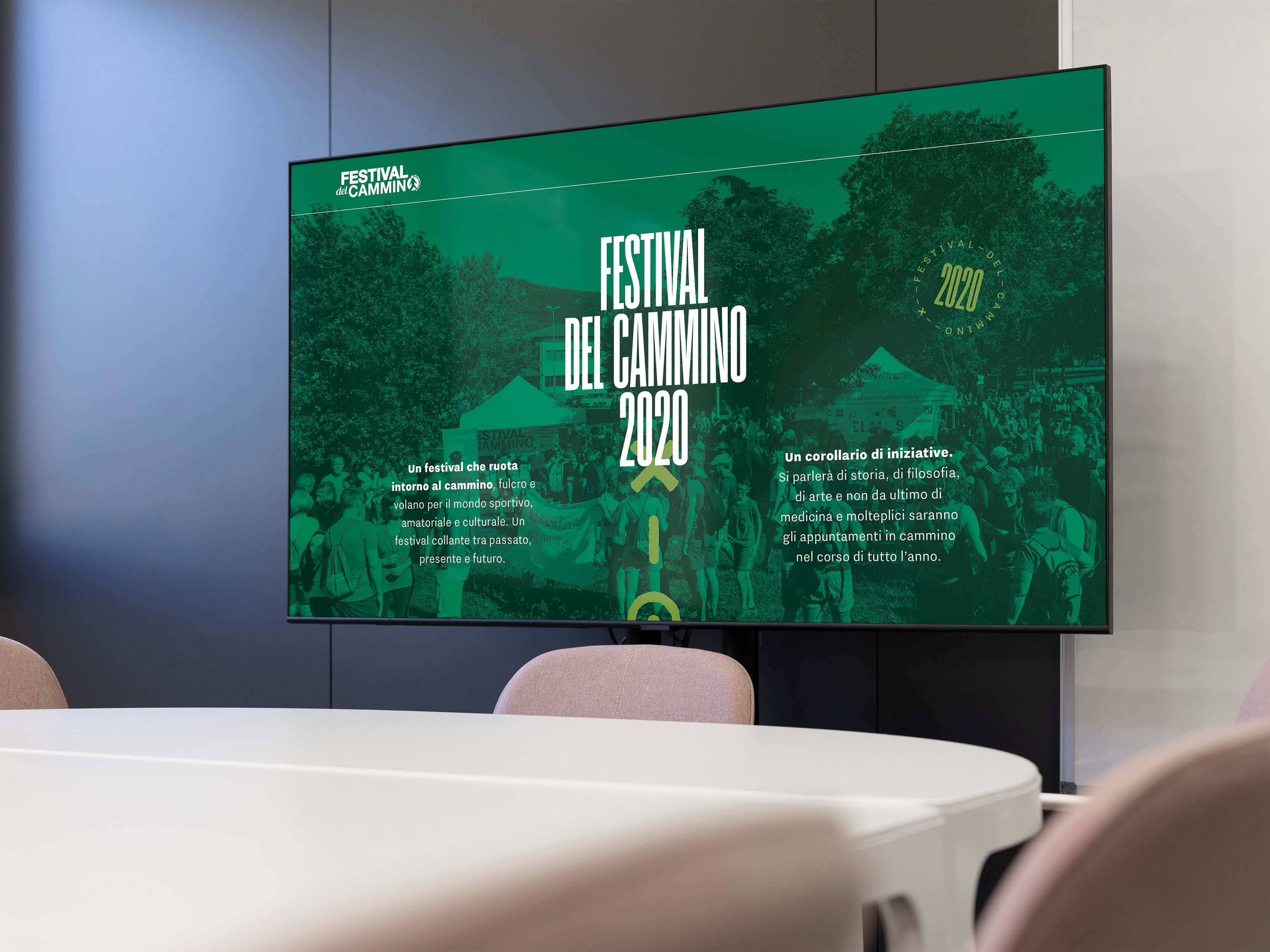 Slide della presentazione del Festival del Cammino 2020 mostrata a  schermo in una sala meeting