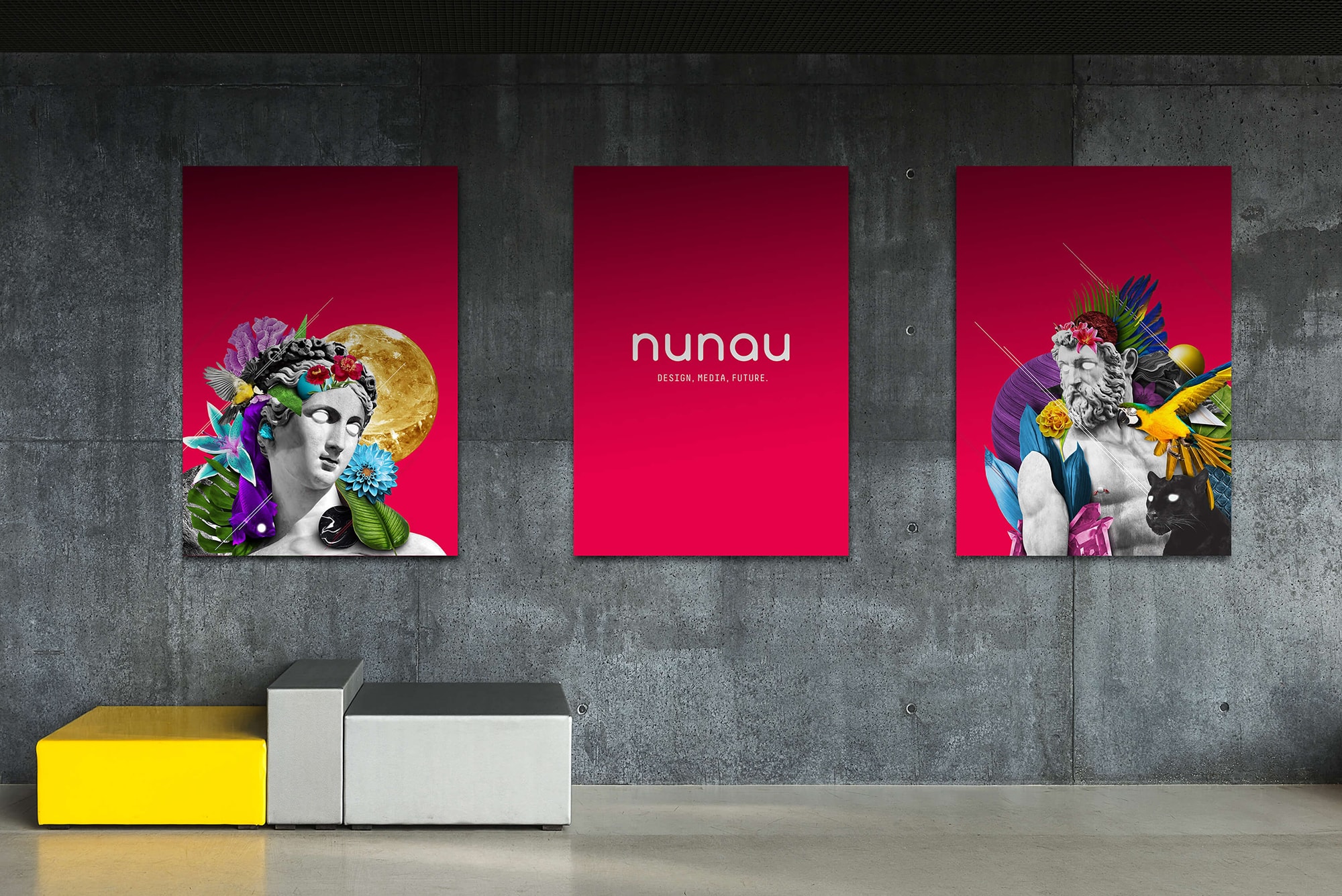 Trittico di poster con due dei composit foto-grafici realizzati per l'identità visiva di nunau.