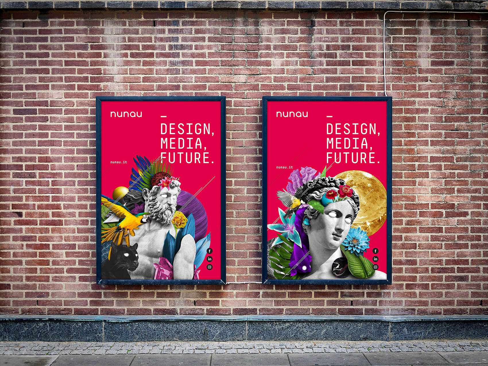Due esempi di layout per advertising nunau con due dei composit foto-grafici utilizzati per la sua identità visiva