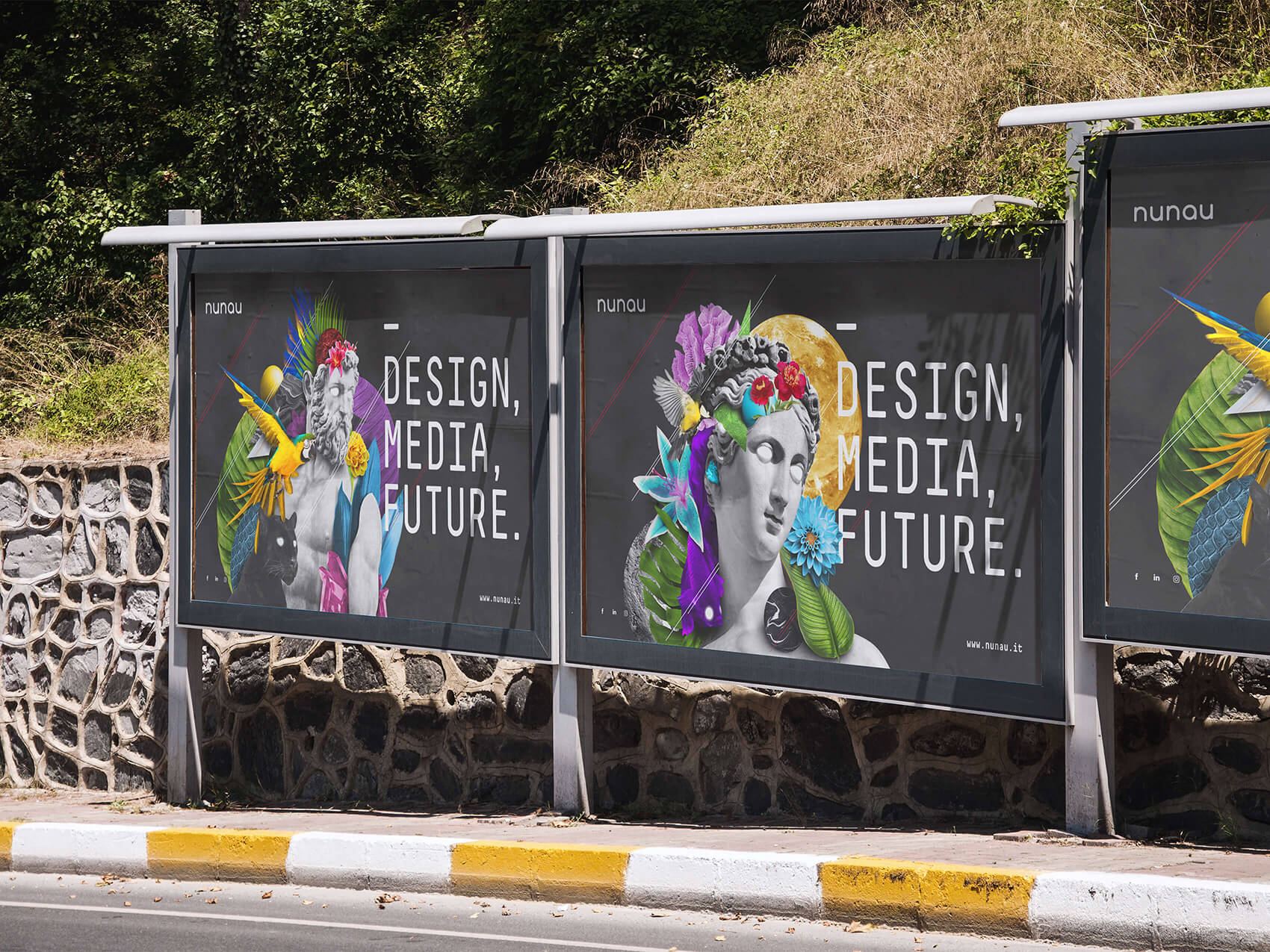 Due esempi di layout per advertising nunau con due dei composit foto-grafici utilizzati per la sua identità visiva