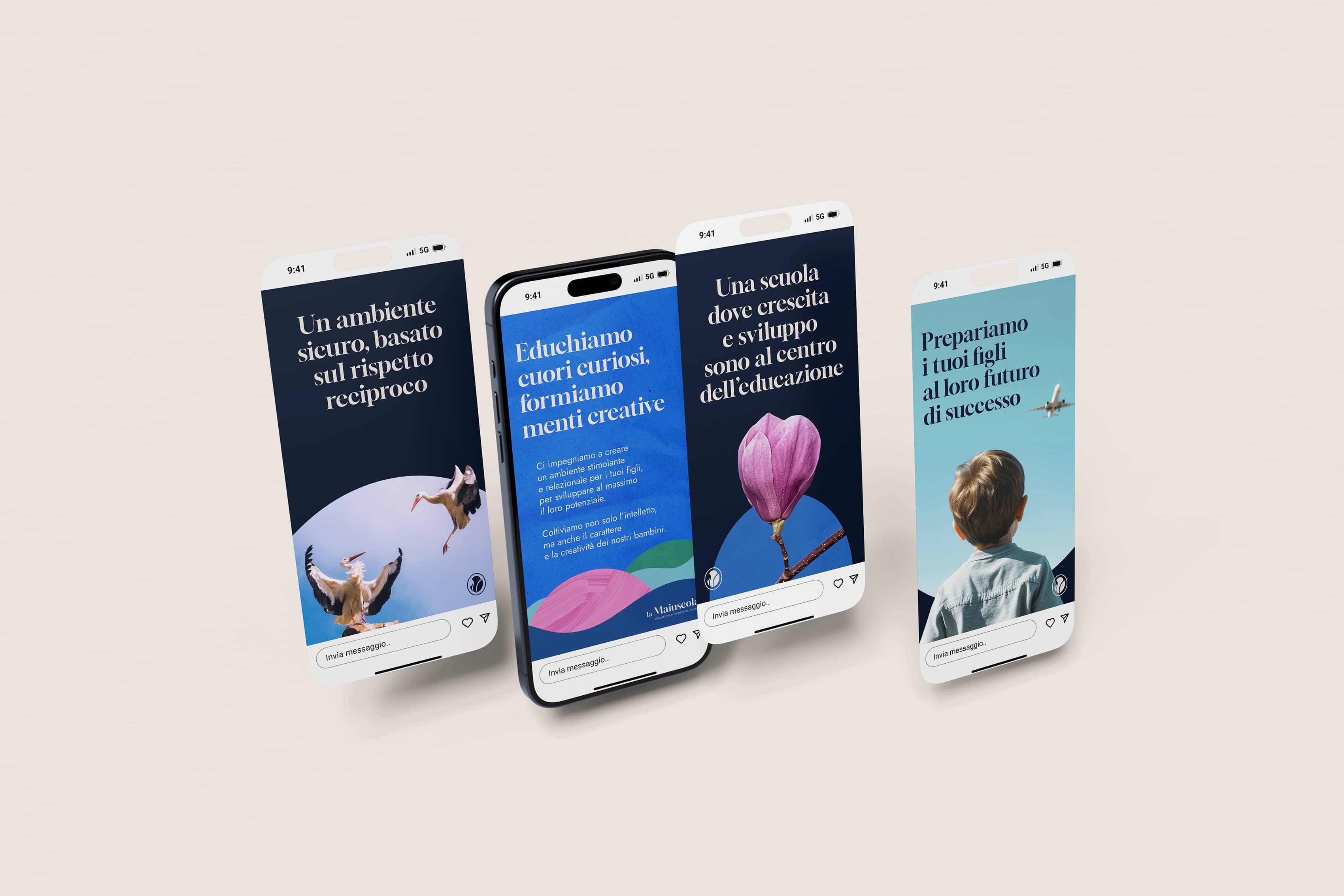 Four smartphone screens display Italian educational messages with images of storks, a flower, and a boy looking at an airplane.