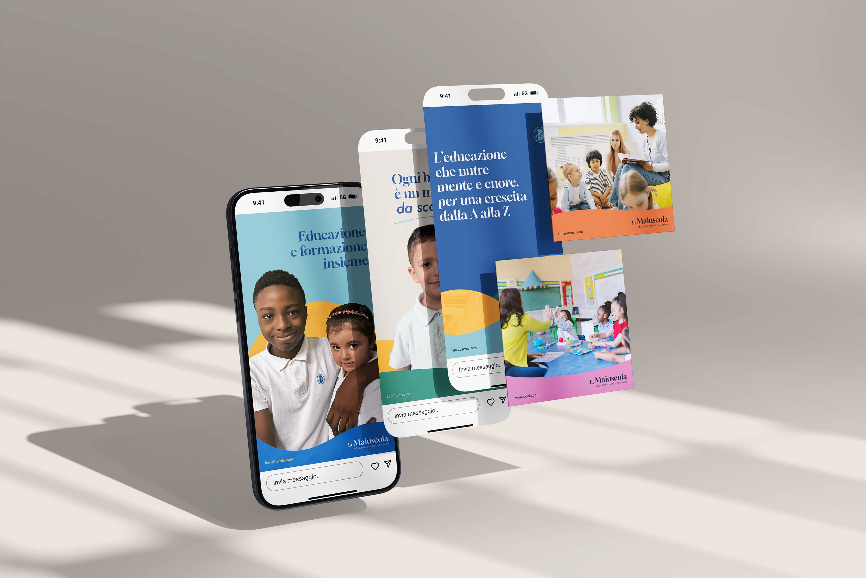 Three smartphones displaying educational content with images of children and teachers in classroom settings and Italian text about education.