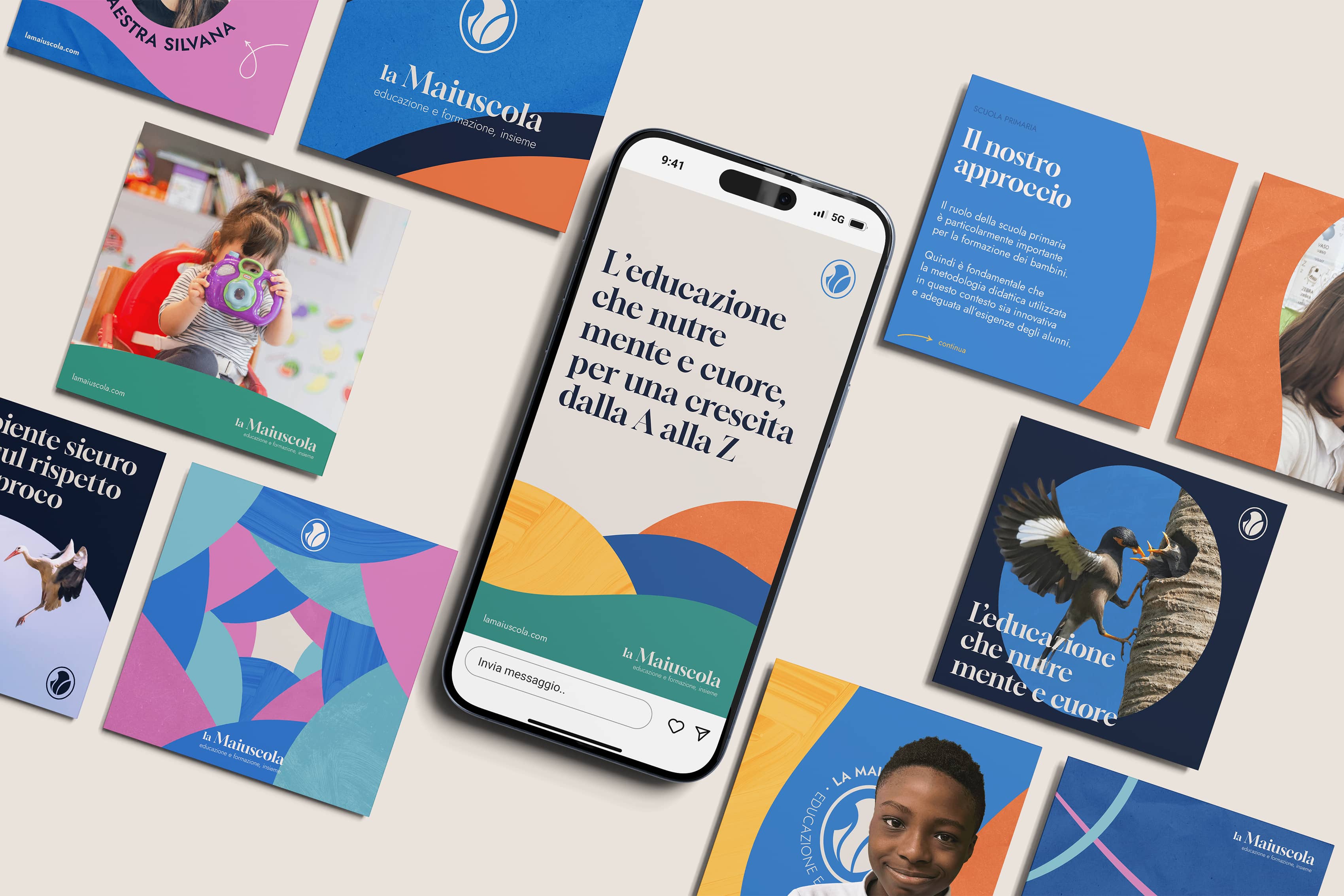 Smartphone displaying an Italian education message surrounded by colorful educational and promotional cards featuring children, birds, and abstract designs.