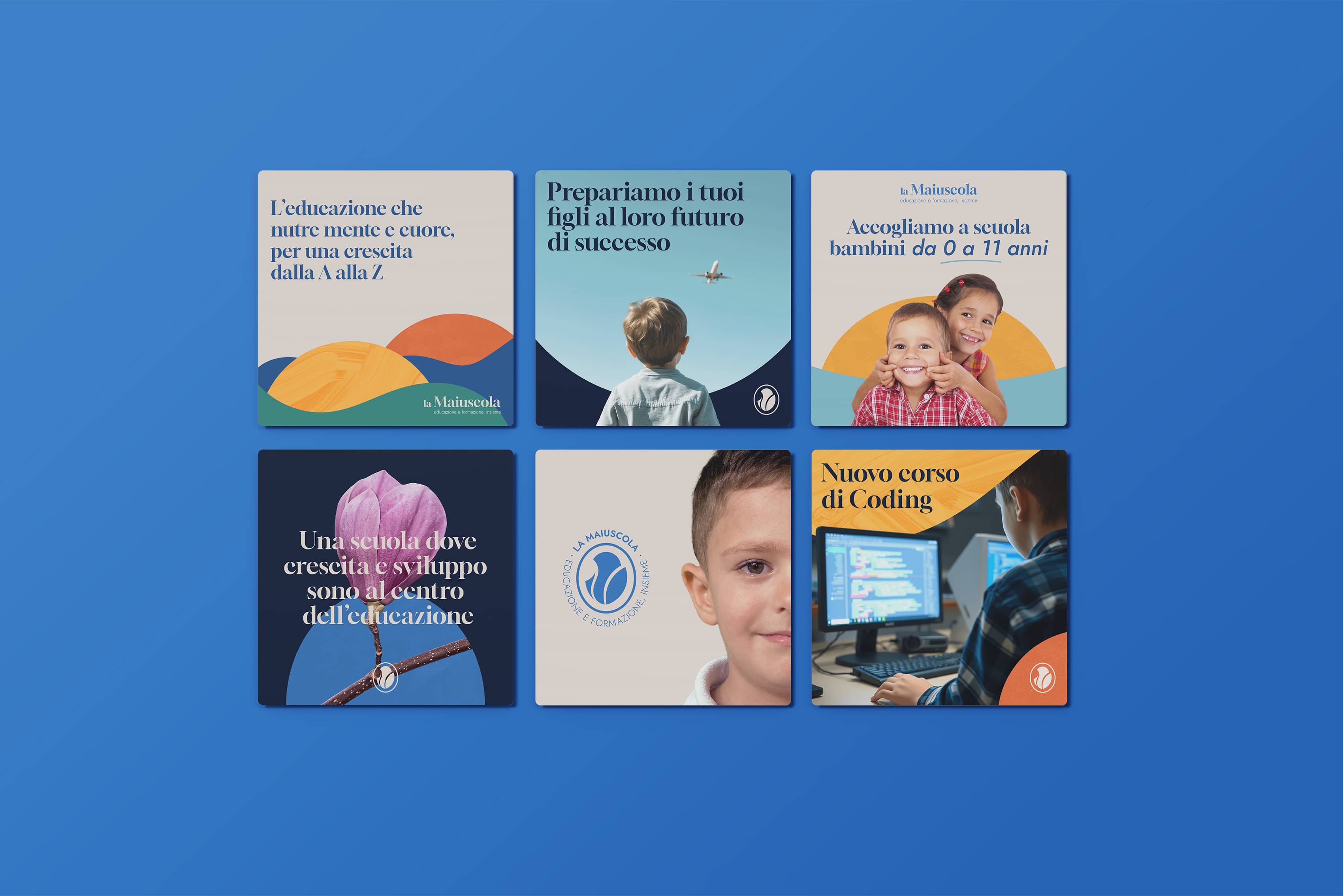 Collage of six educational-themed cards featuring children, text in Italian about growth and success, a flower, logo, and coding course.