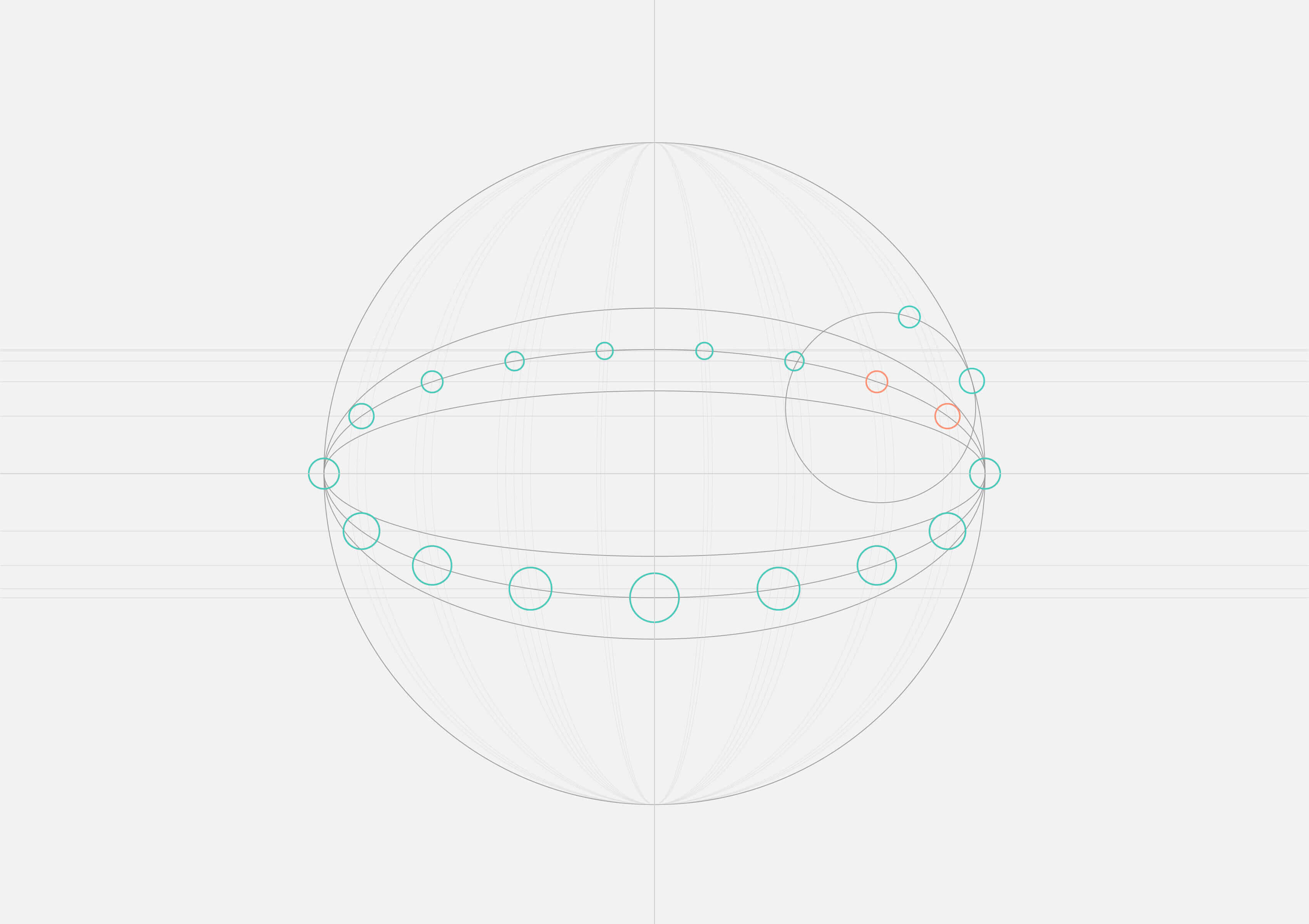 Geometric diagram showing a transparent sphere with circles and arcs connected by blue and red outlined points.