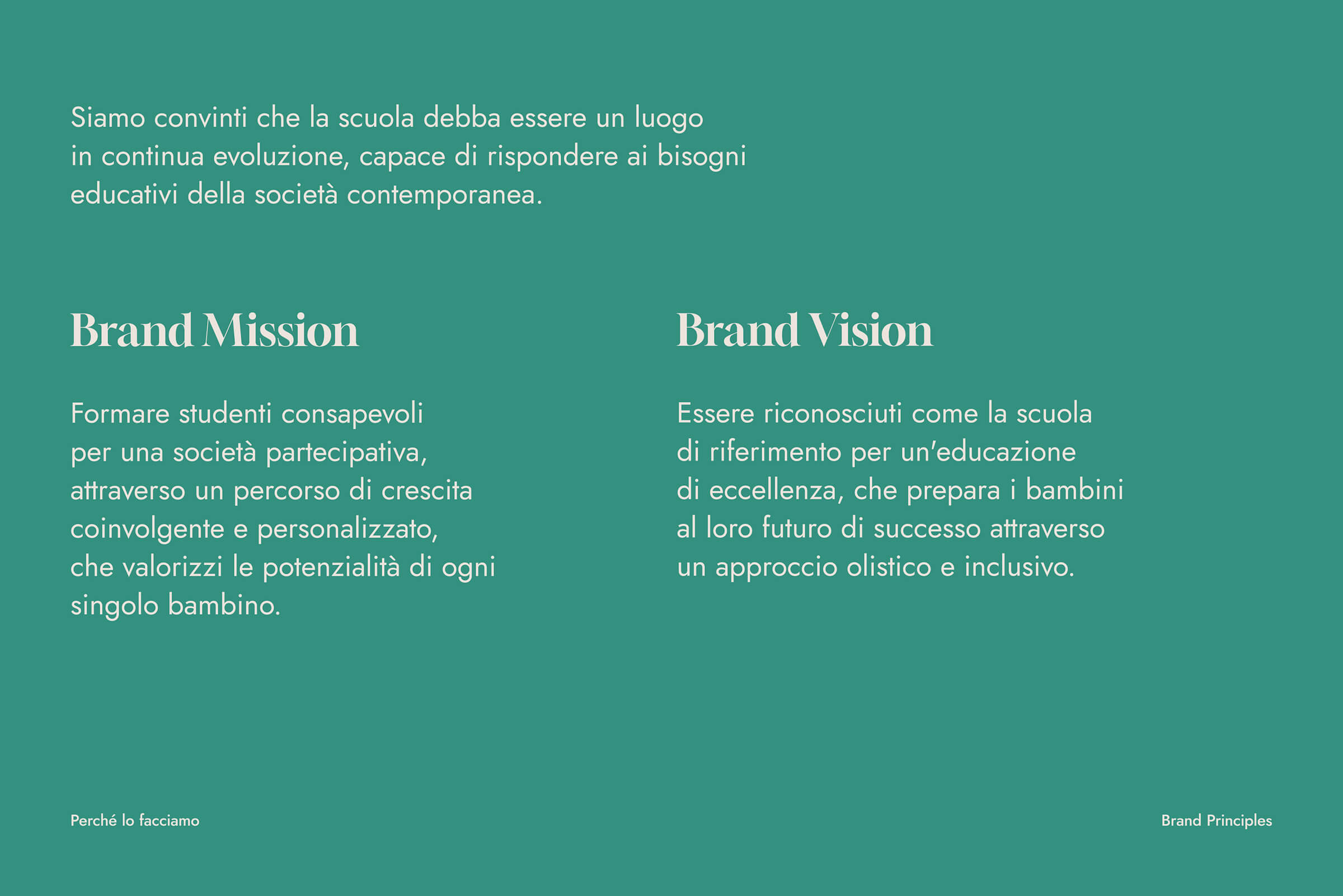 Text on a green background stating the school's mission to form aware students through personalized growth, and vision to be recognized as a reference school with a holistic and inclusive approach.