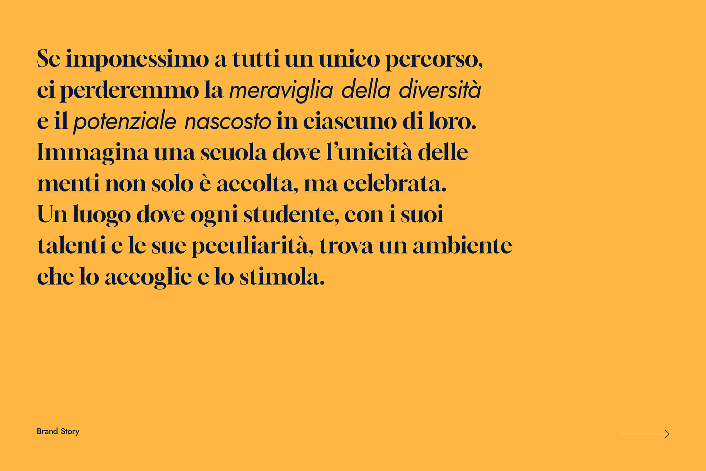 Italian text on orange background about valuing diversity and uniqueness in school environments.