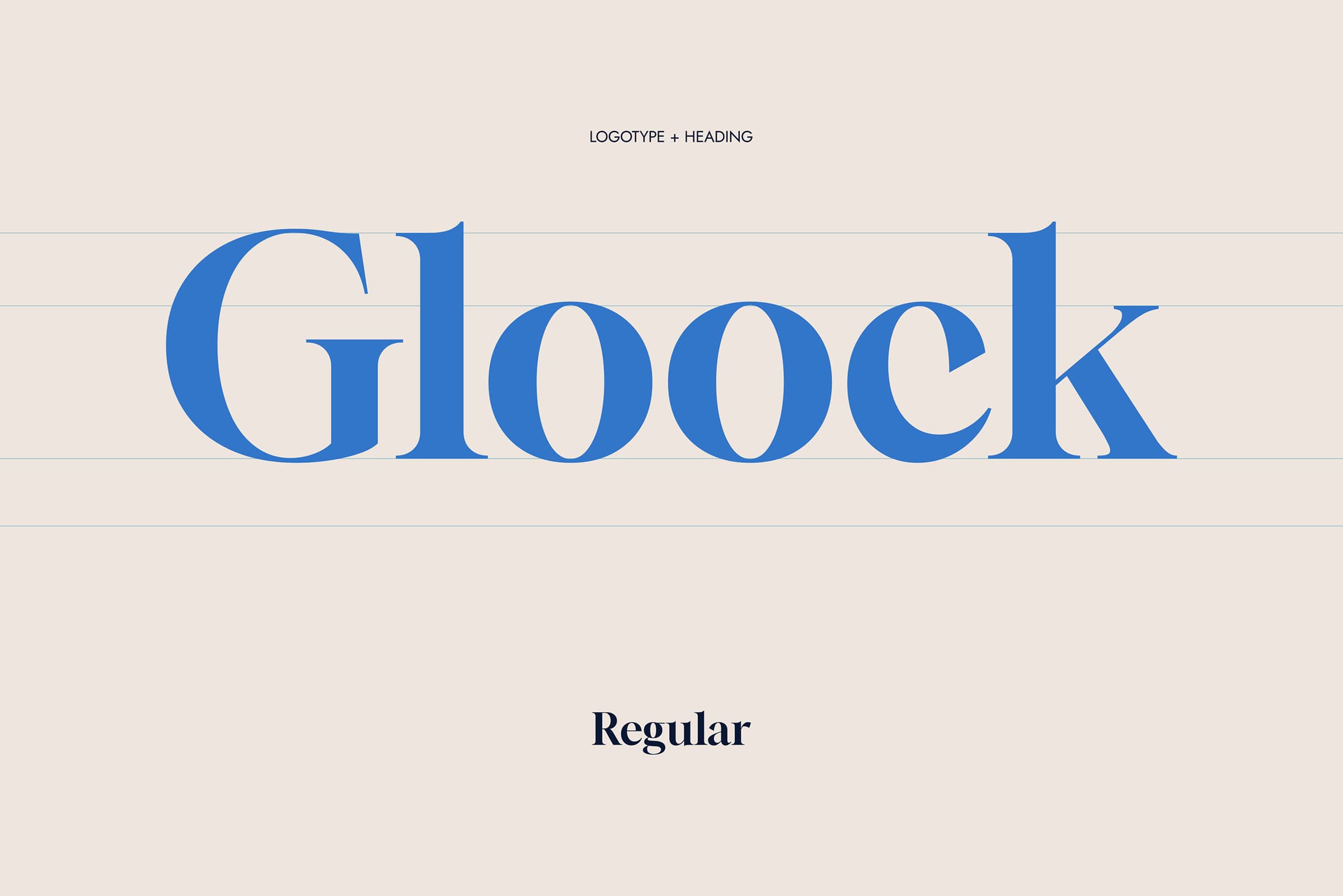Typography sample of the word 'Gloock' in bold blue serif font with 'LOGOTYPE + HEADING' above and 'Regular' below on a beige background.