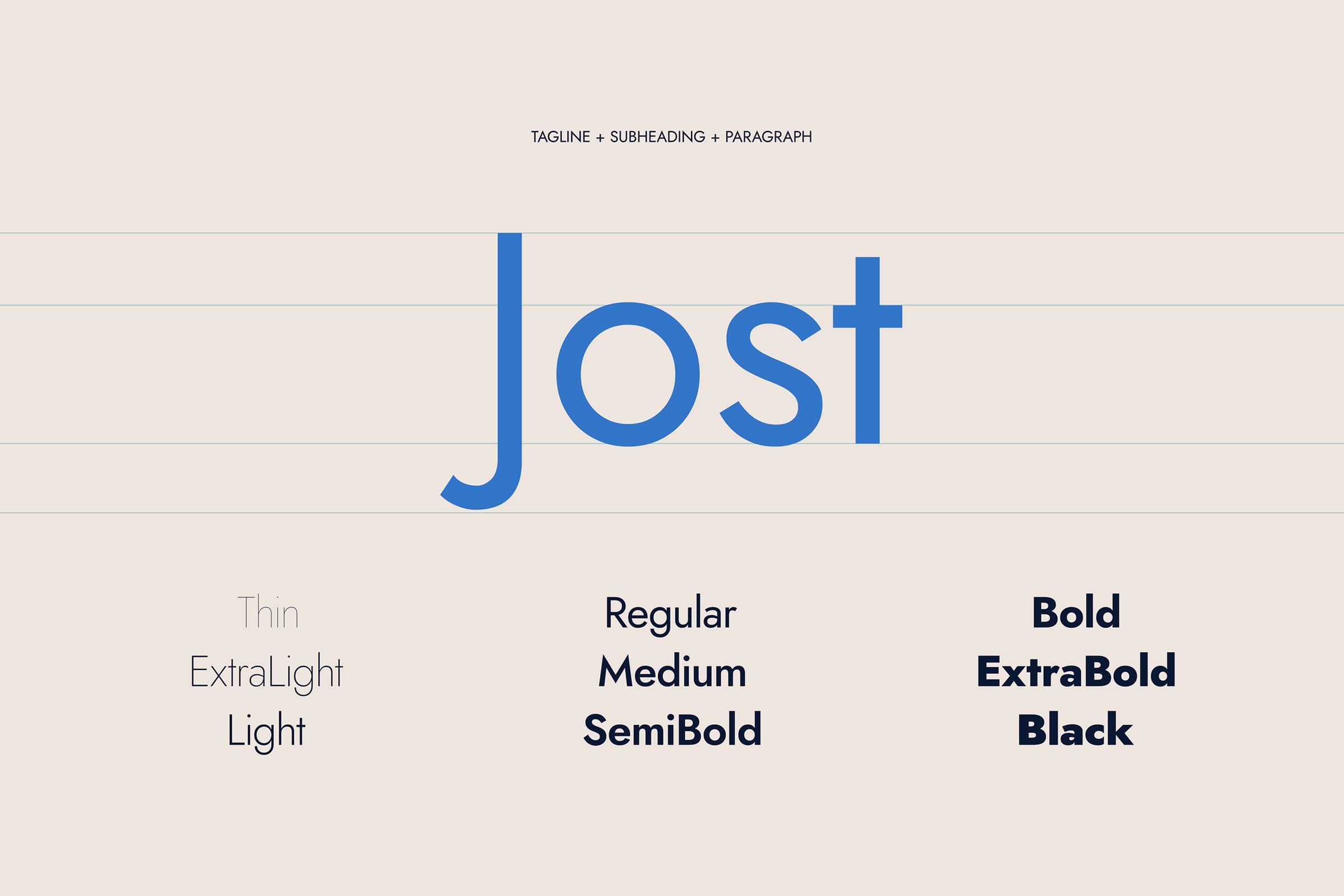 Typography sample showing the word 'Jost' in blue with different font weights labeled Thin, ExtraLight, Light, Regular, Medium, SemiBold, Bold, ExtraBold, and Black.