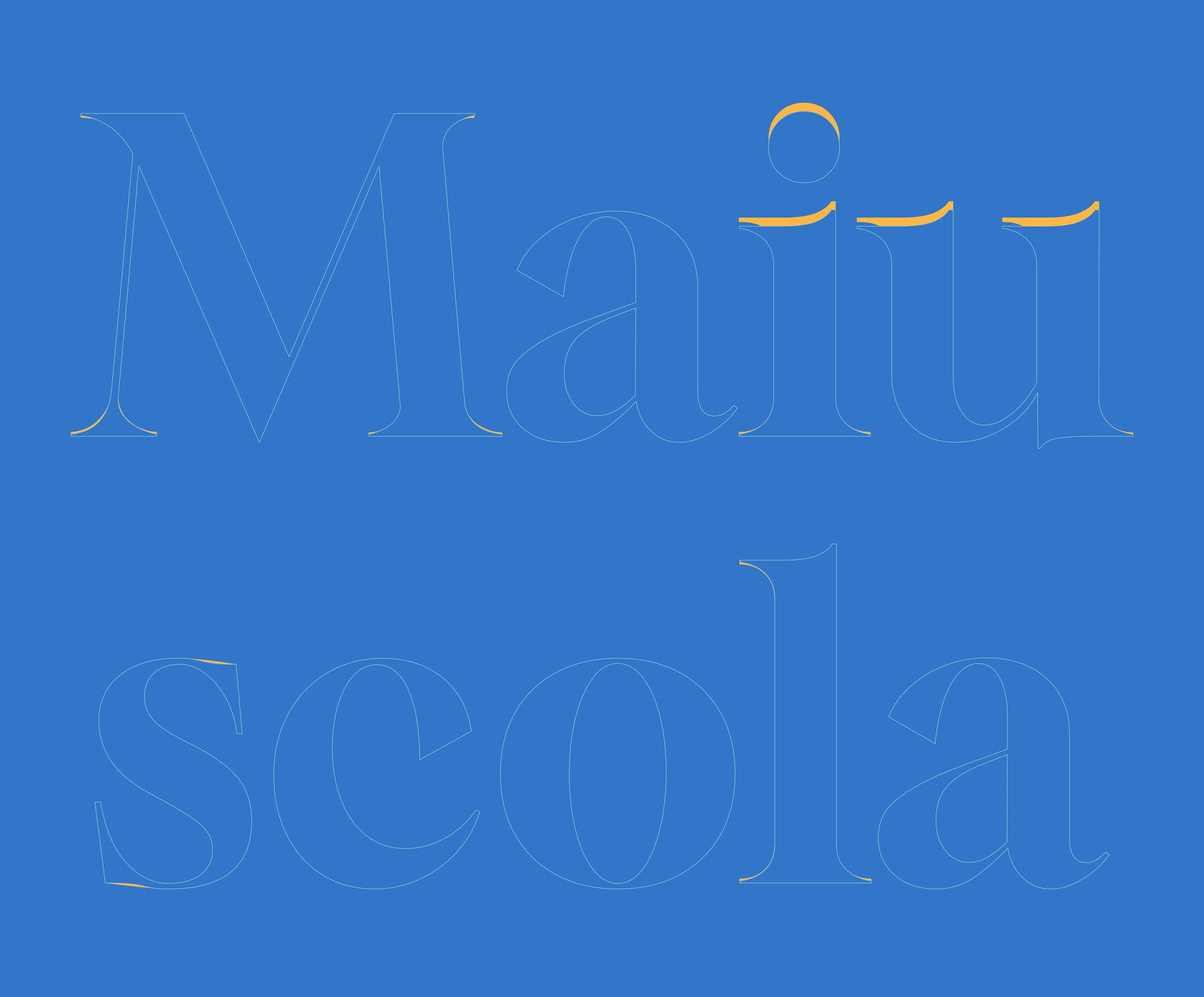 Blue background with large faintly outlined text reading 'Maiuscola' in two lines with subtle yellow accents.