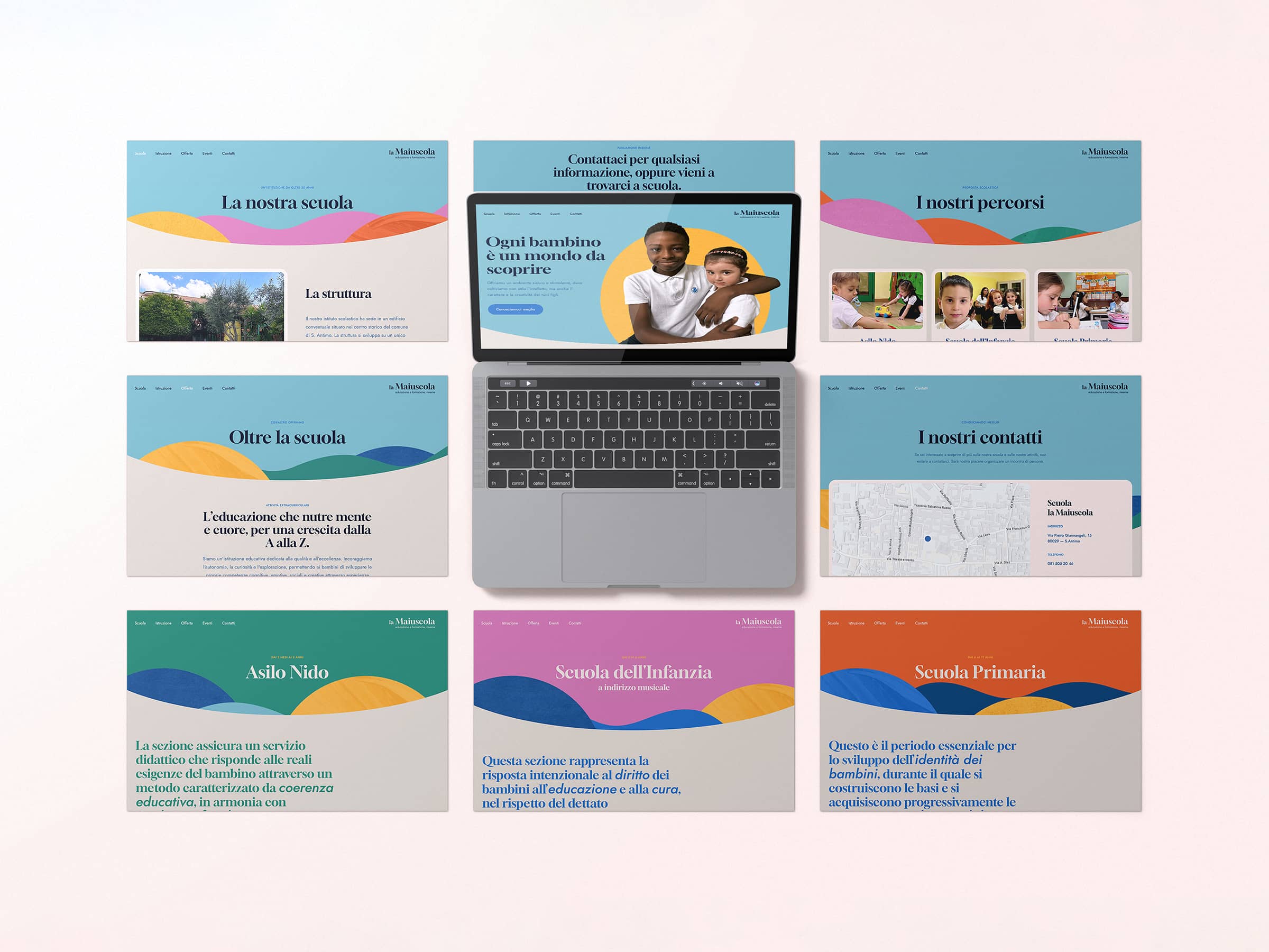 Layout of a laptop surrounded by Italian school website section thumbnails including 'La nostra scuola,' 'I nostri percorsi,' 'Oltre la scuola,' 'I nostri contatti,' 'Asilo Nido,' 'Scuola dell'Infanzia,' and 'Scuola Primaria' with colorful wave designs and photos of children.