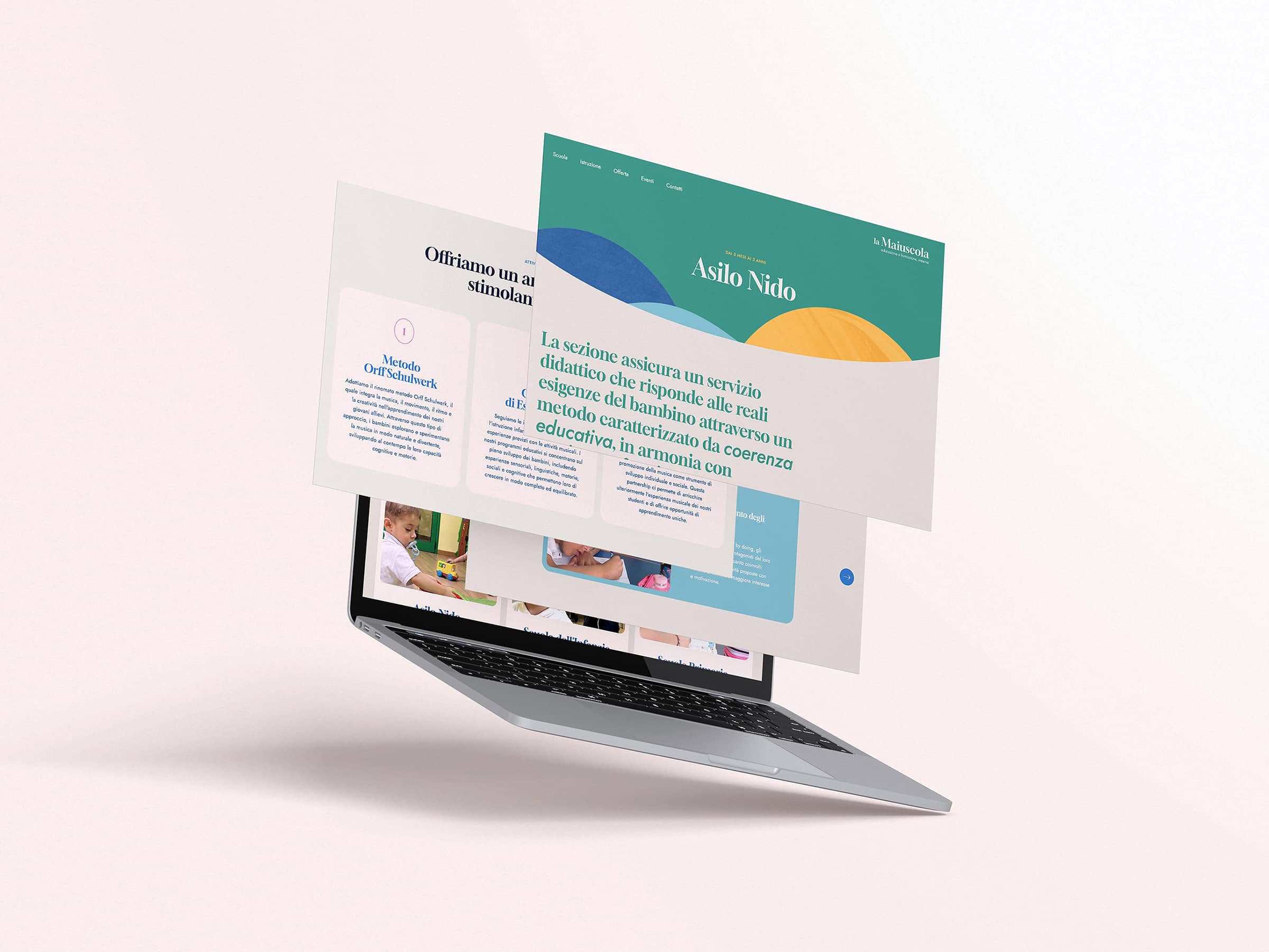 Floating laptop displaying a colorful web page about 'Asilo Nido' with Italian text about educational services for children.