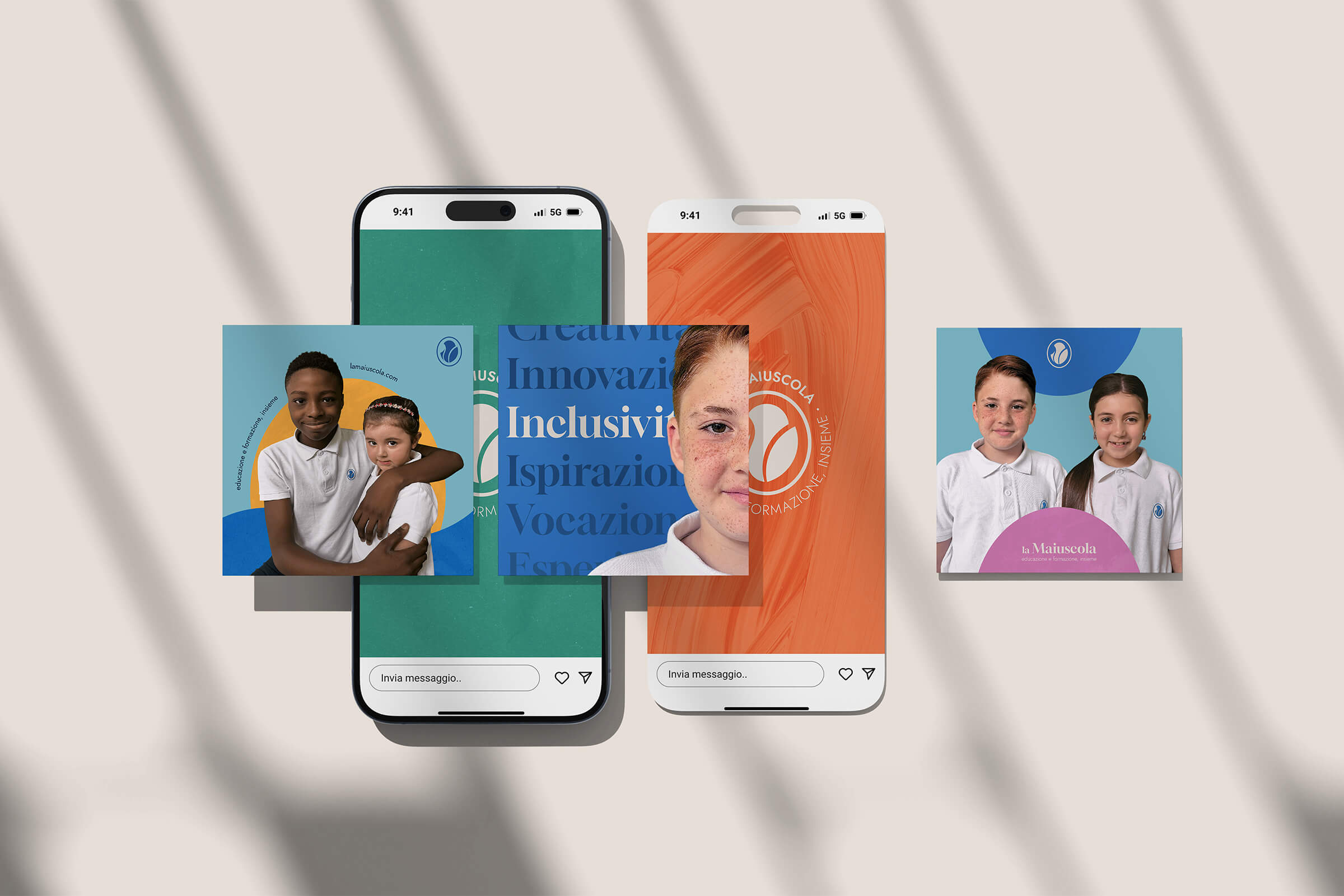 Two smartphones displaying colorful educational social media posts featuring diverse children in white polo shirts and inclusive-themed text overlays.