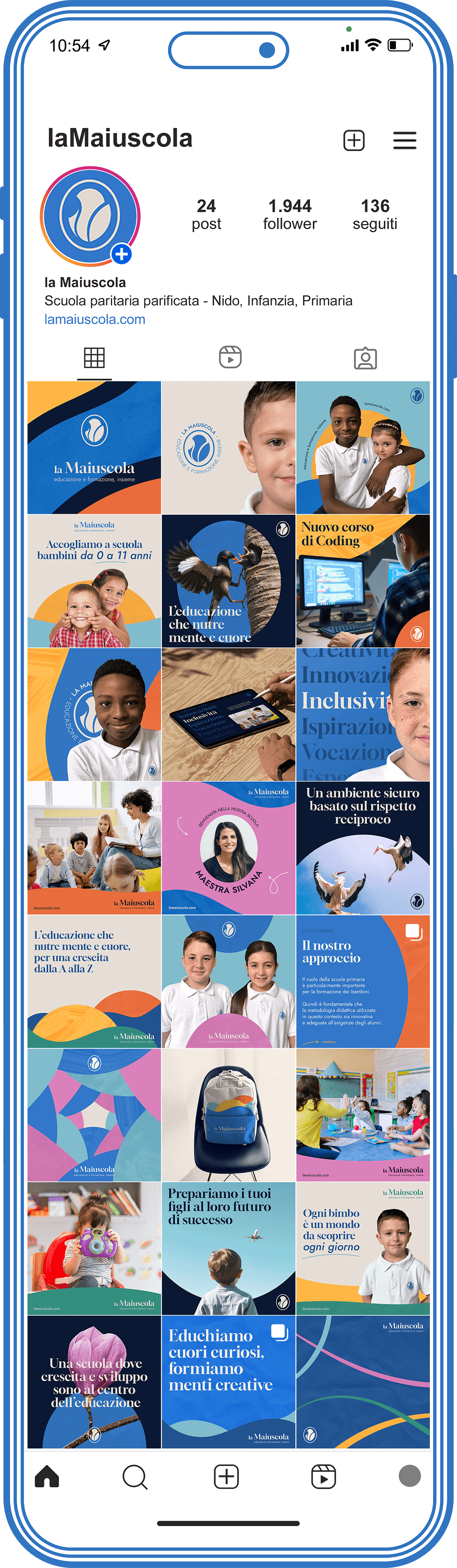 Instagram profile of laMaiuscola featuring educational posts with children, school themes, and messages about inclusive learning and development.