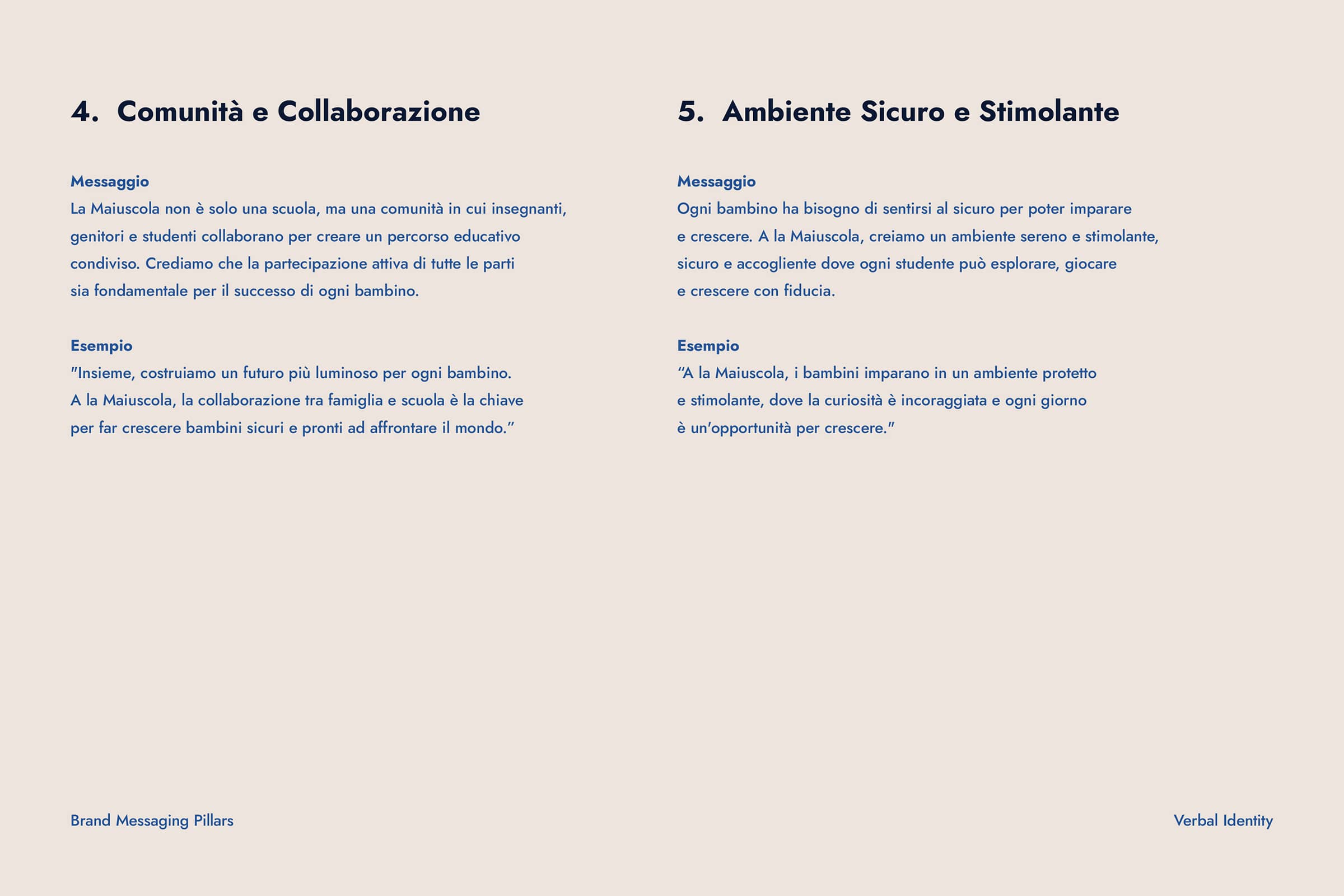 Two-page text on a beige background describing brand messaging pillars 4 and 5 in Italian, focusing on community collaboration and a safe, stimulating environment for children at La Maiuscola.