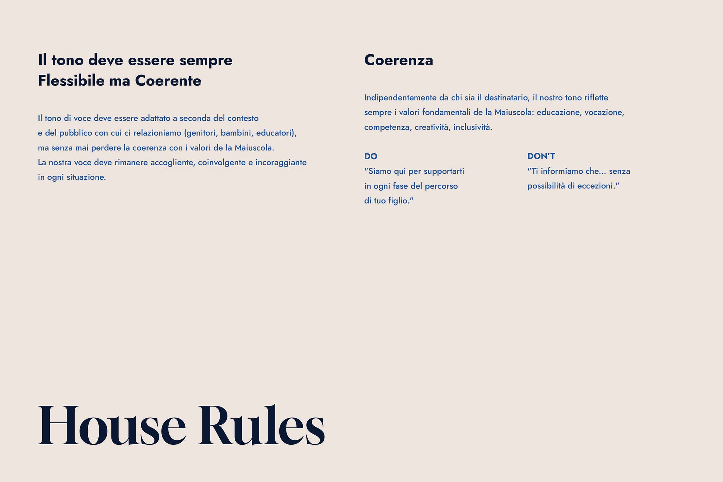 Text outlining communication tone guidelines emphasizing flexibility, coherence, and core values of education and inclusivity, with dos and don'ts examples.