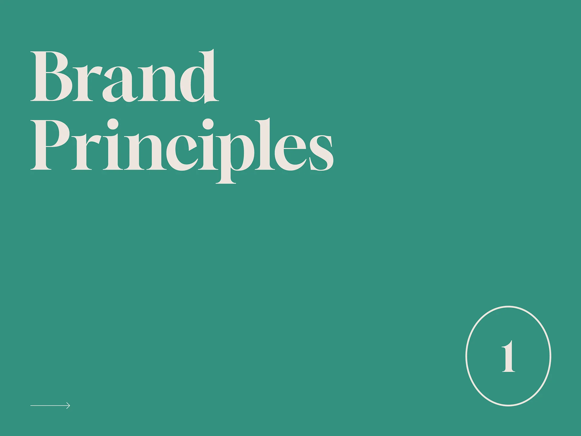 Green background with large text saying Brand Principles and a circled number 1 at the bottom right.
