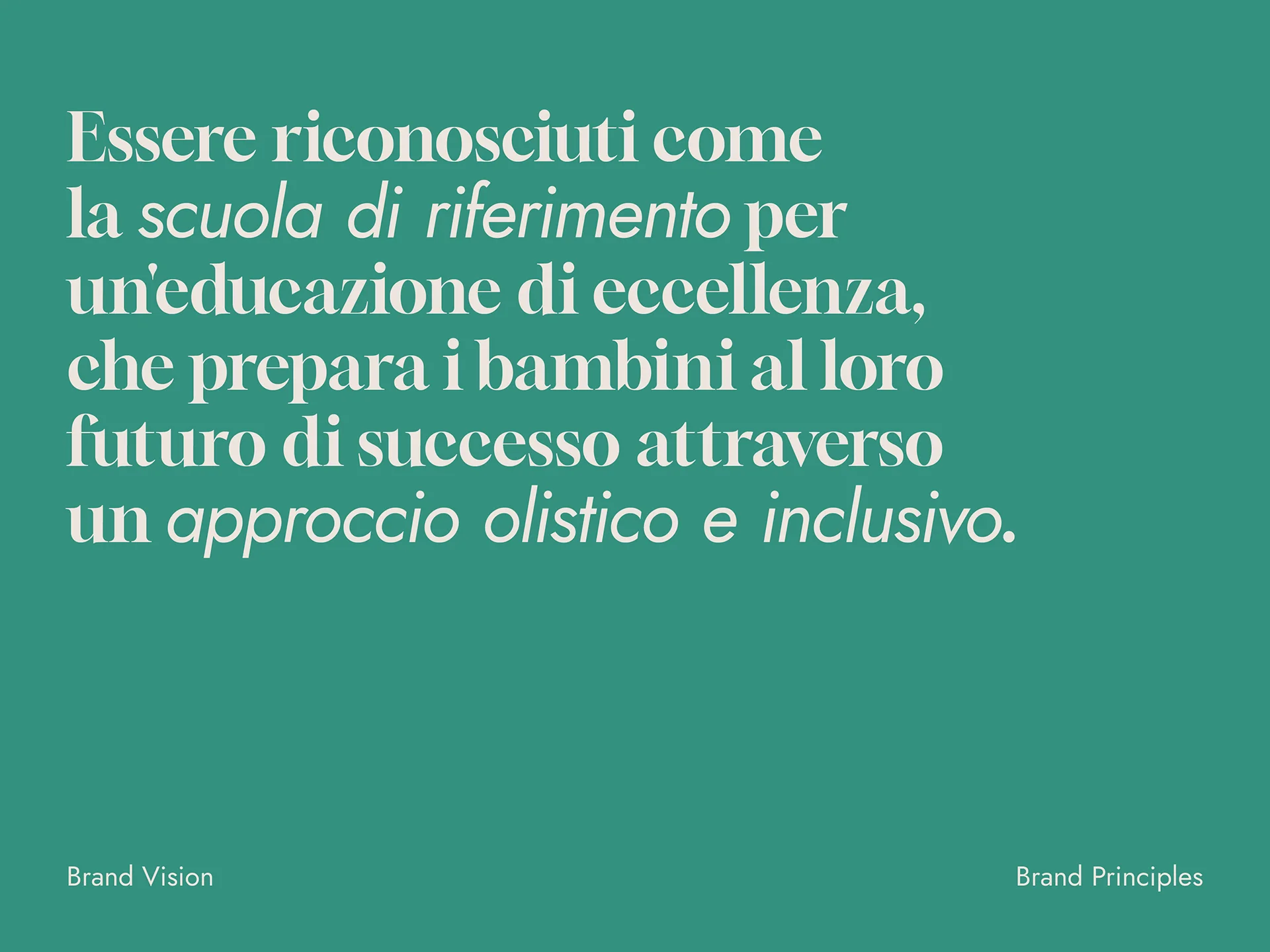 Text in Italian highlighting recognition as a reference school for excellent education that prepares children for a successful future through a holistic and inclusive approach.