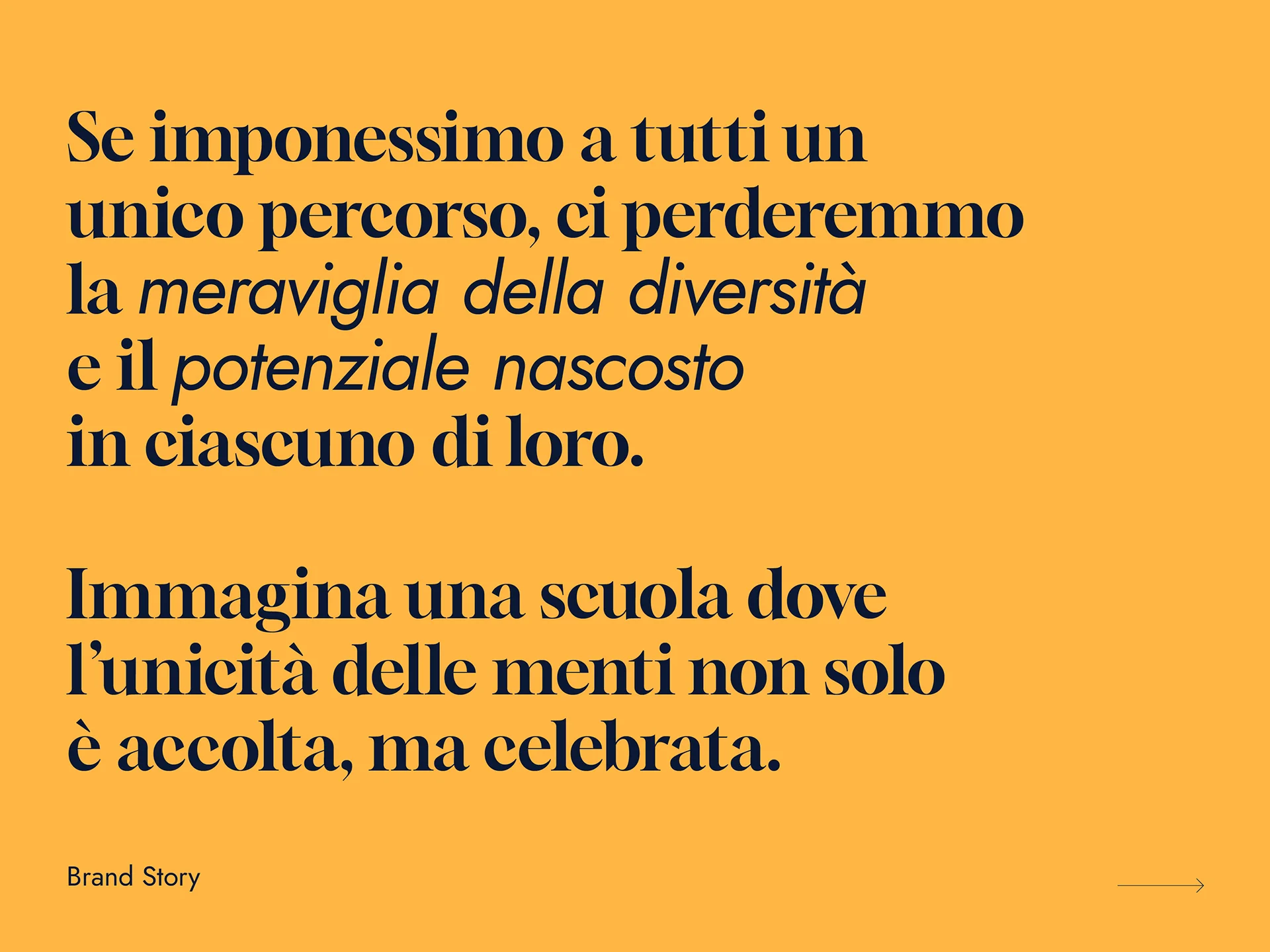 Italian text on an orange background about embracing diversity and celebrating the uniqueness of minds in schools.