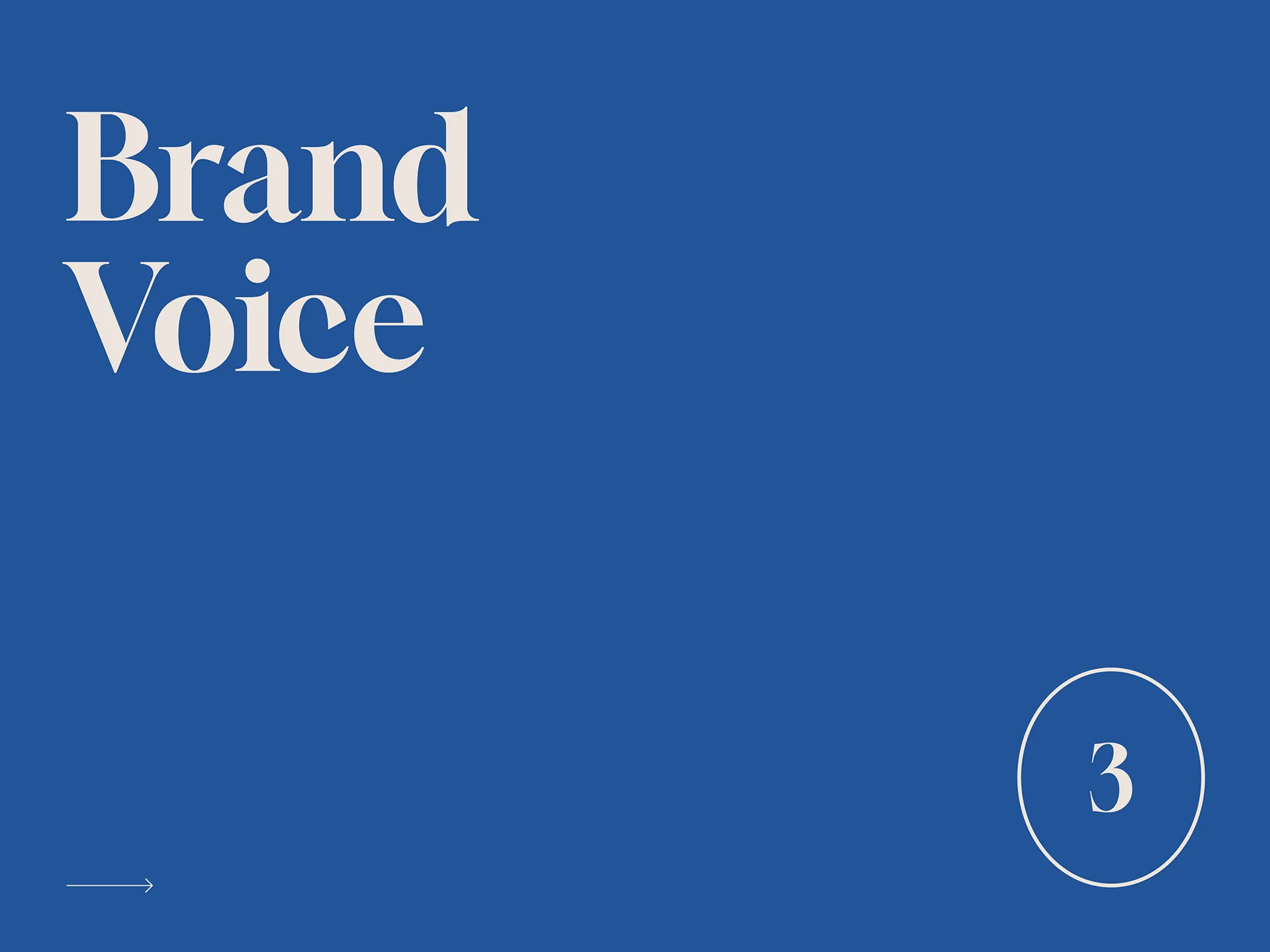 Blue background with large text reading 'Brand Voice' in the upper left and a circled number 3 in the lower right corner.