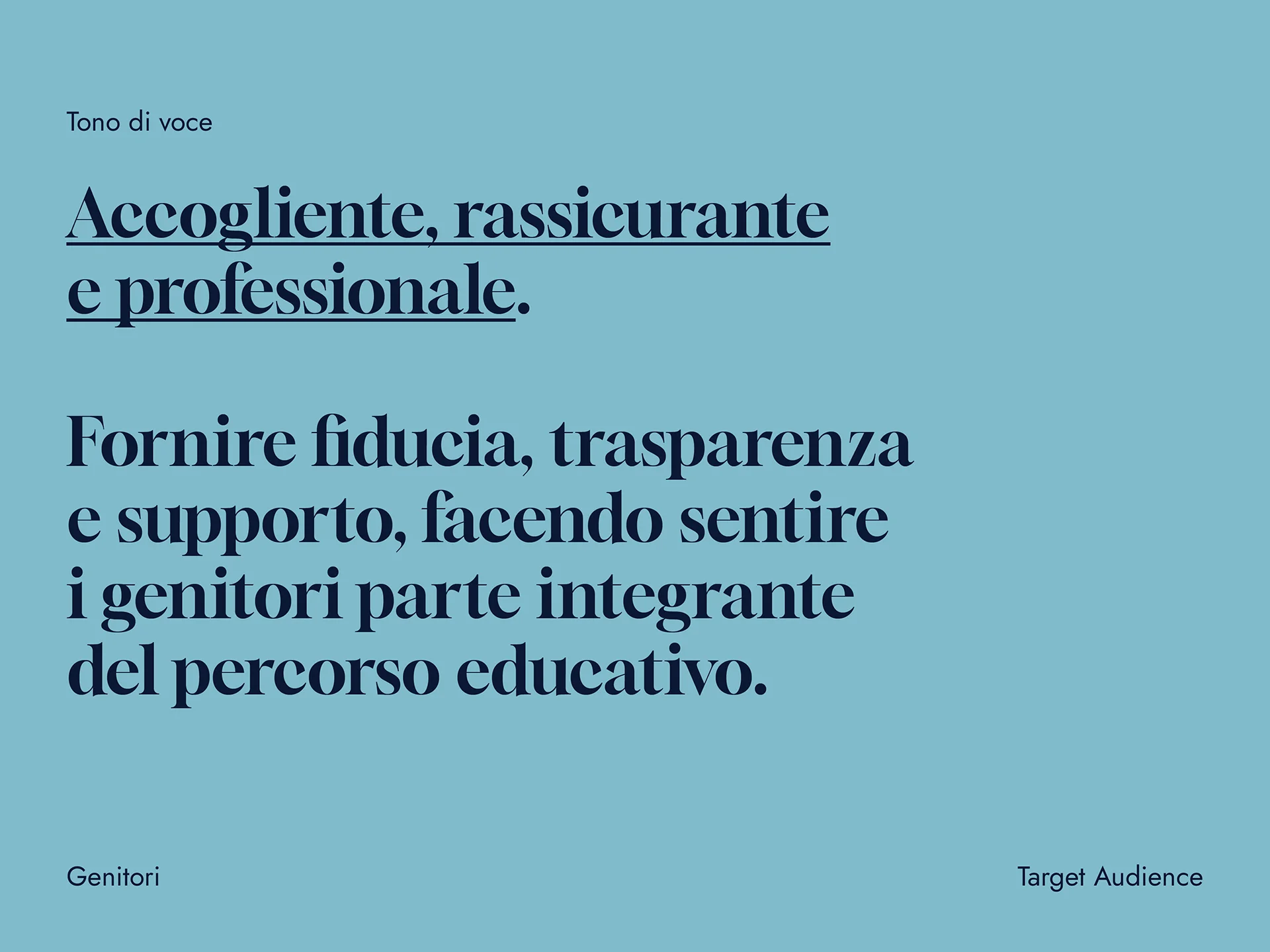 Text in Italian describing tone of voice as welcoming, reassuring, and professional, emphasizing trust, transparency, and support for parents as part of the educational process.