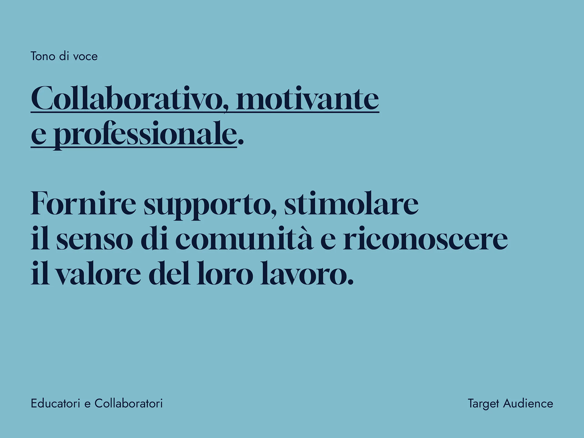 Italian text on blue background describing tone of voice as collaborative, motivating, and professional, emphasizing support, community sense, and recognizing work value.
