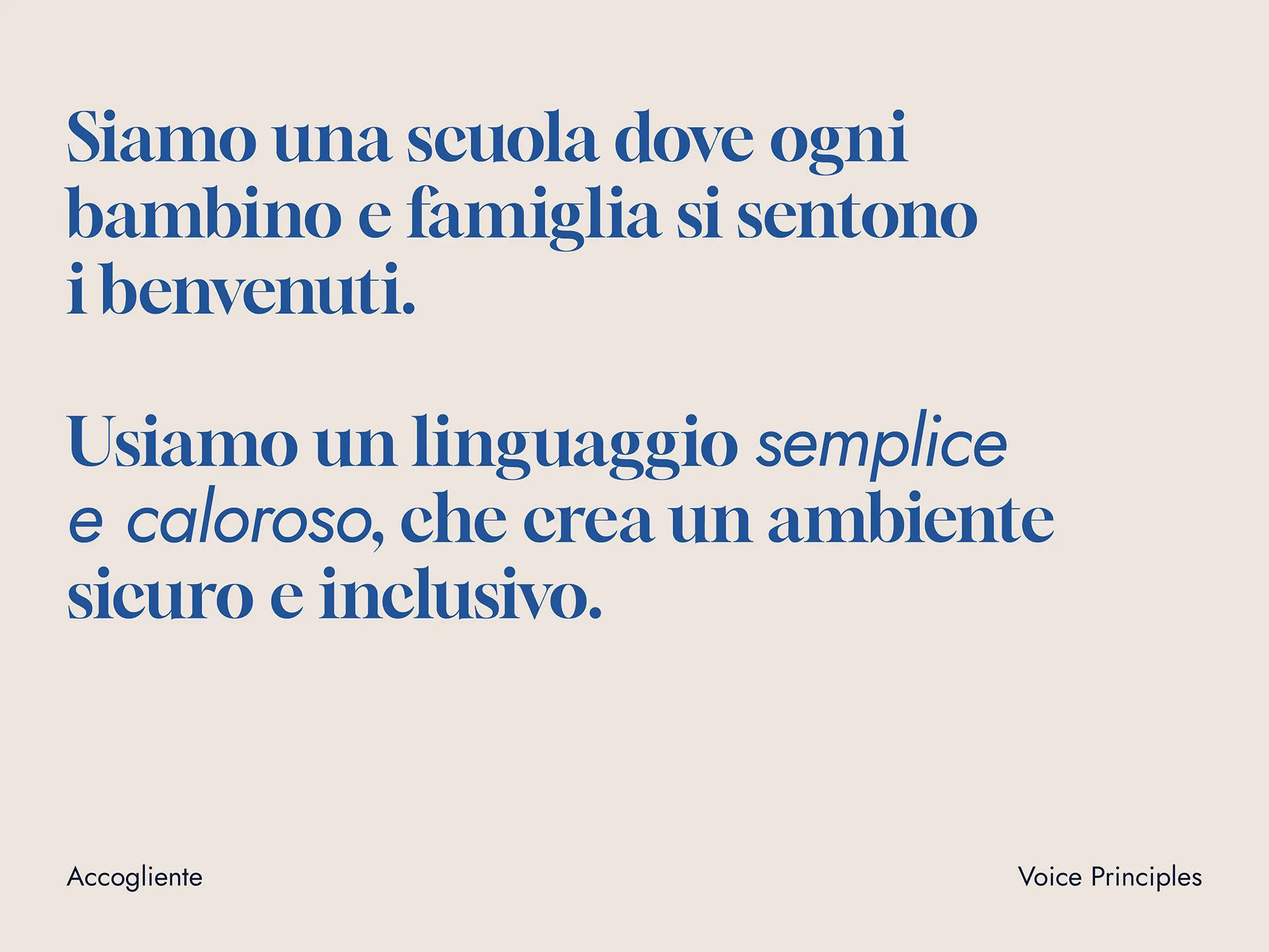 Text in Italian stating the school welcomes every child and family, using simple and warm language to create a safe, inclusive environment.