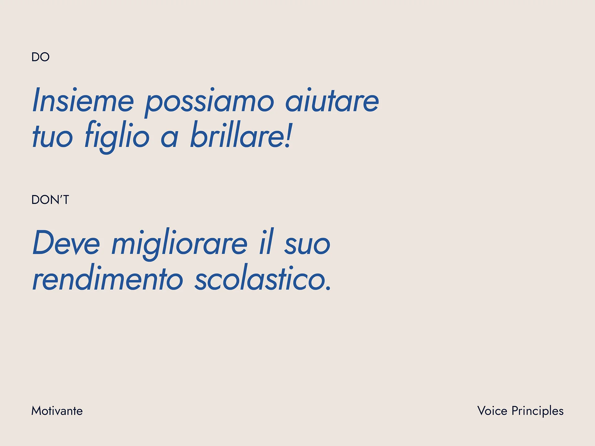 Text on beige background showing voice principles with a 'Do' example: 'Insieme possiamo aiutare tuo figlio a brillare!' and a 'Don't' example: 'Deve migliorare il suo rendimento scolastico.'