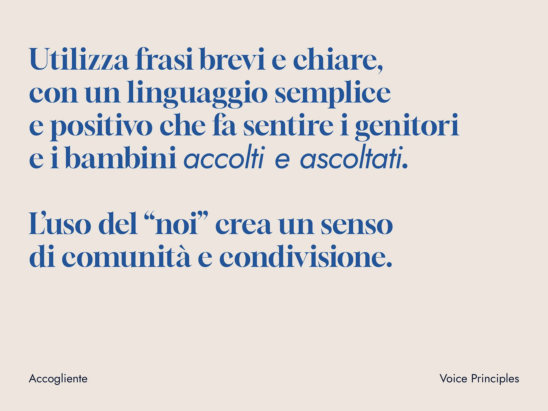 Text in Italian advising to use short, clear phrases with simple, positive language to make parents and children feel welcomed and heard, highlighting that using 'we' creates a sense of community and sharing.
