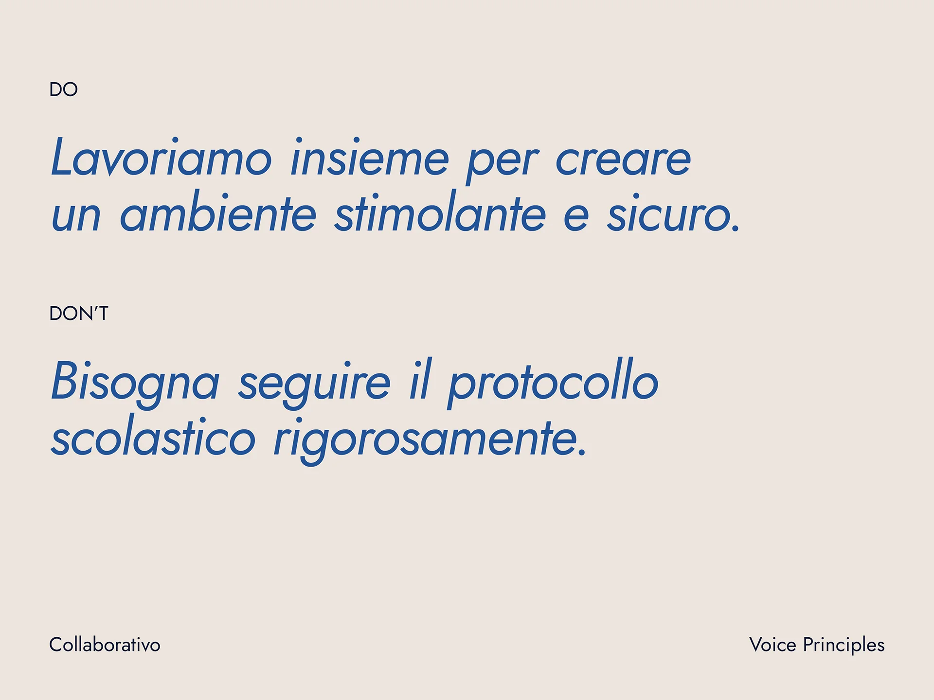 Text in Italian with Do and Don't sections: Do - 'Lavoriamo insieme per creare un ambiente stimolante e sicuro.' Don't - 'Bisogna seguire il protocollo scolastico rigorosamente.'