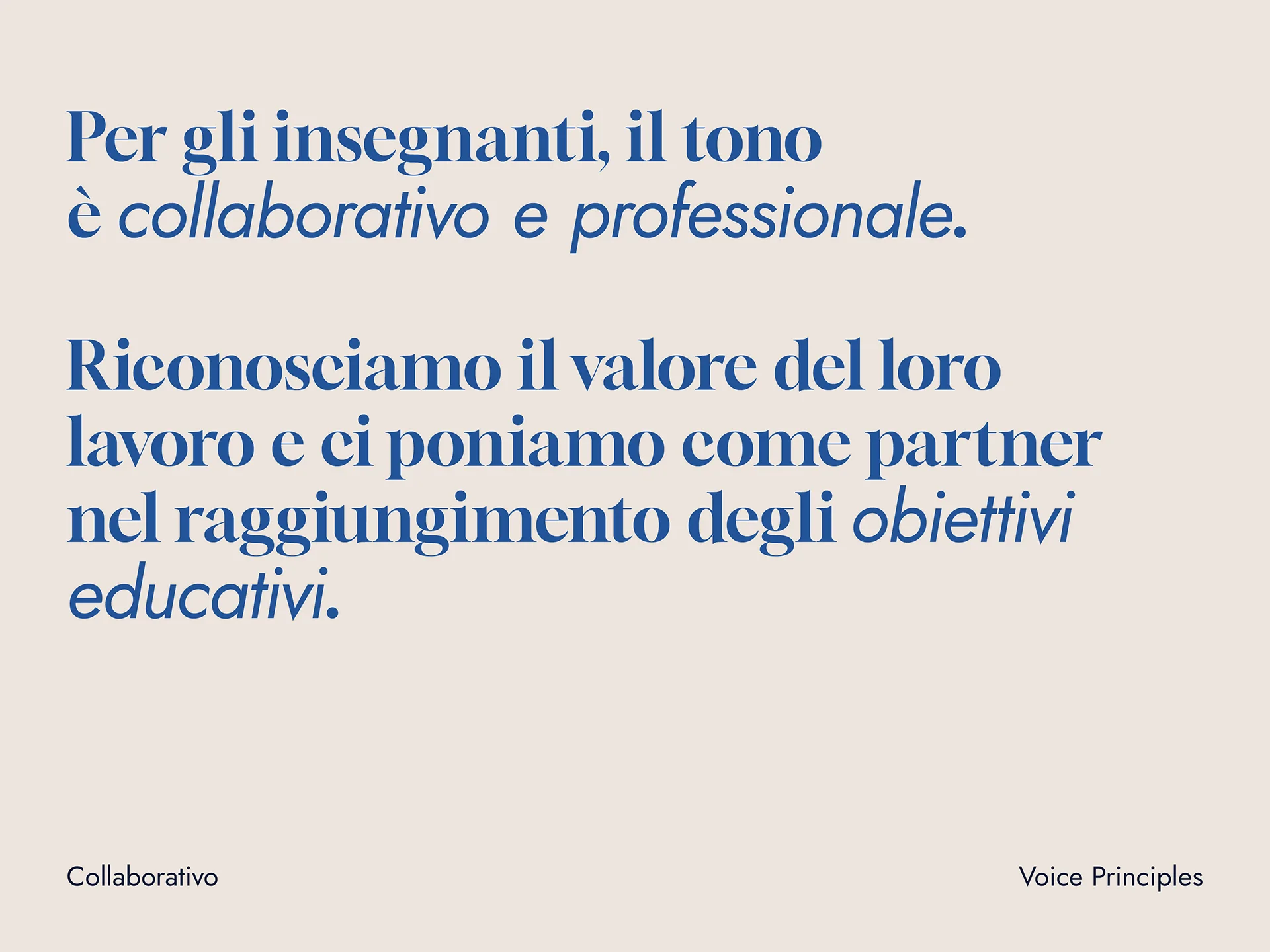 Text in Italian emphasizing a collaborative and professional tone for teachers, recognizing their work and partnering in achieving educational goals.