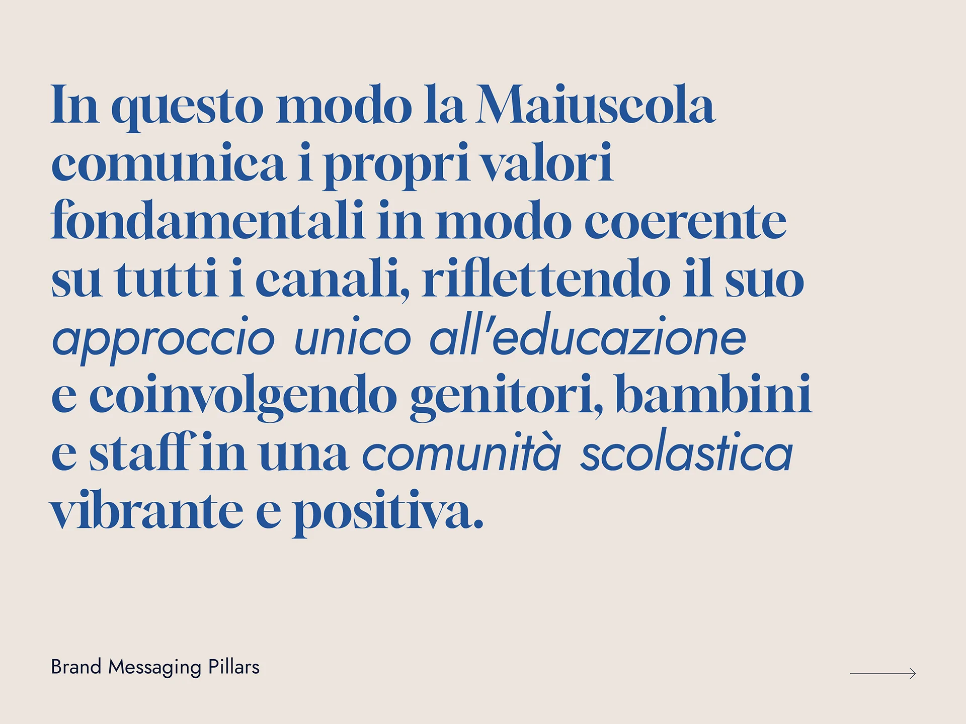 Text in Italian describing how Maiuscola communicates its core values consistently across all channels, engaging parents, children, and staff in a vibrant and positive school community.