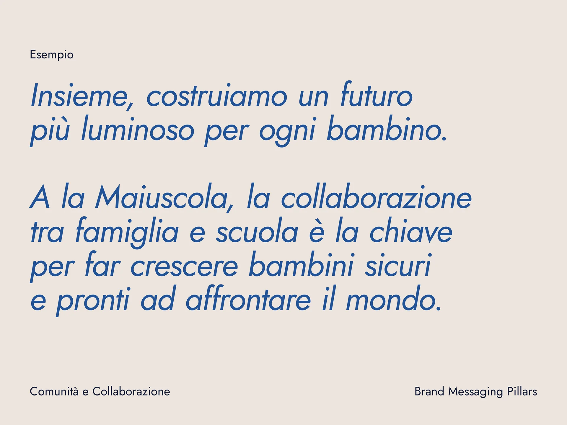 Text in Italian emphasizing building a brighter future for every child through collaboration between family and school at Maiuscola.
