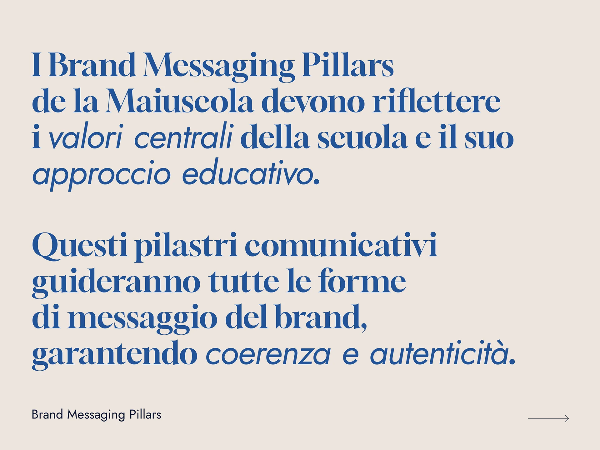 Italian text explaining brand messaging pillars must reflect the school's core values and educational approach, guiding all brand messaging with coherence and authenticity.