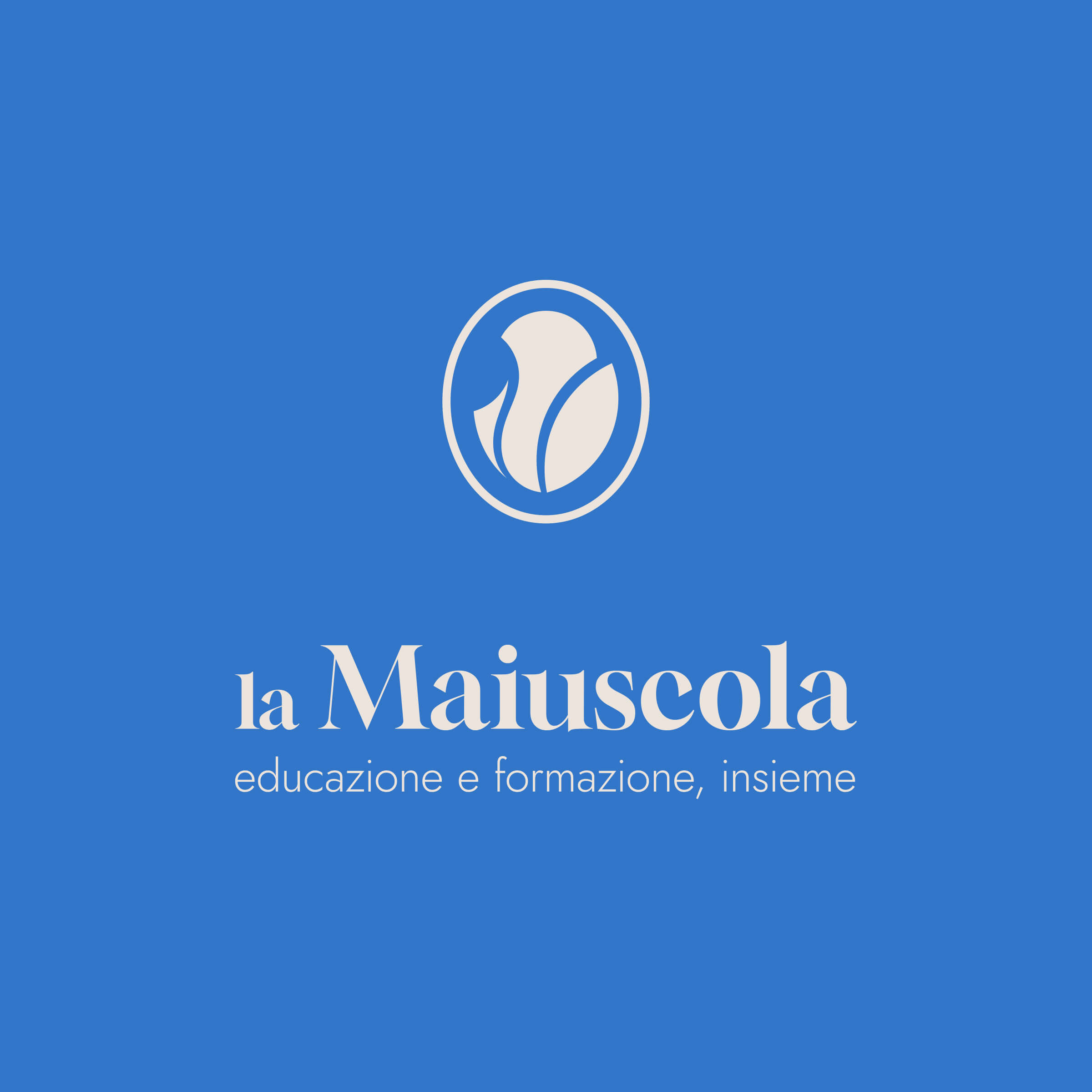 White logo icon above text 'la Maiuscola educazione e formazione, insieme' on a blue background.