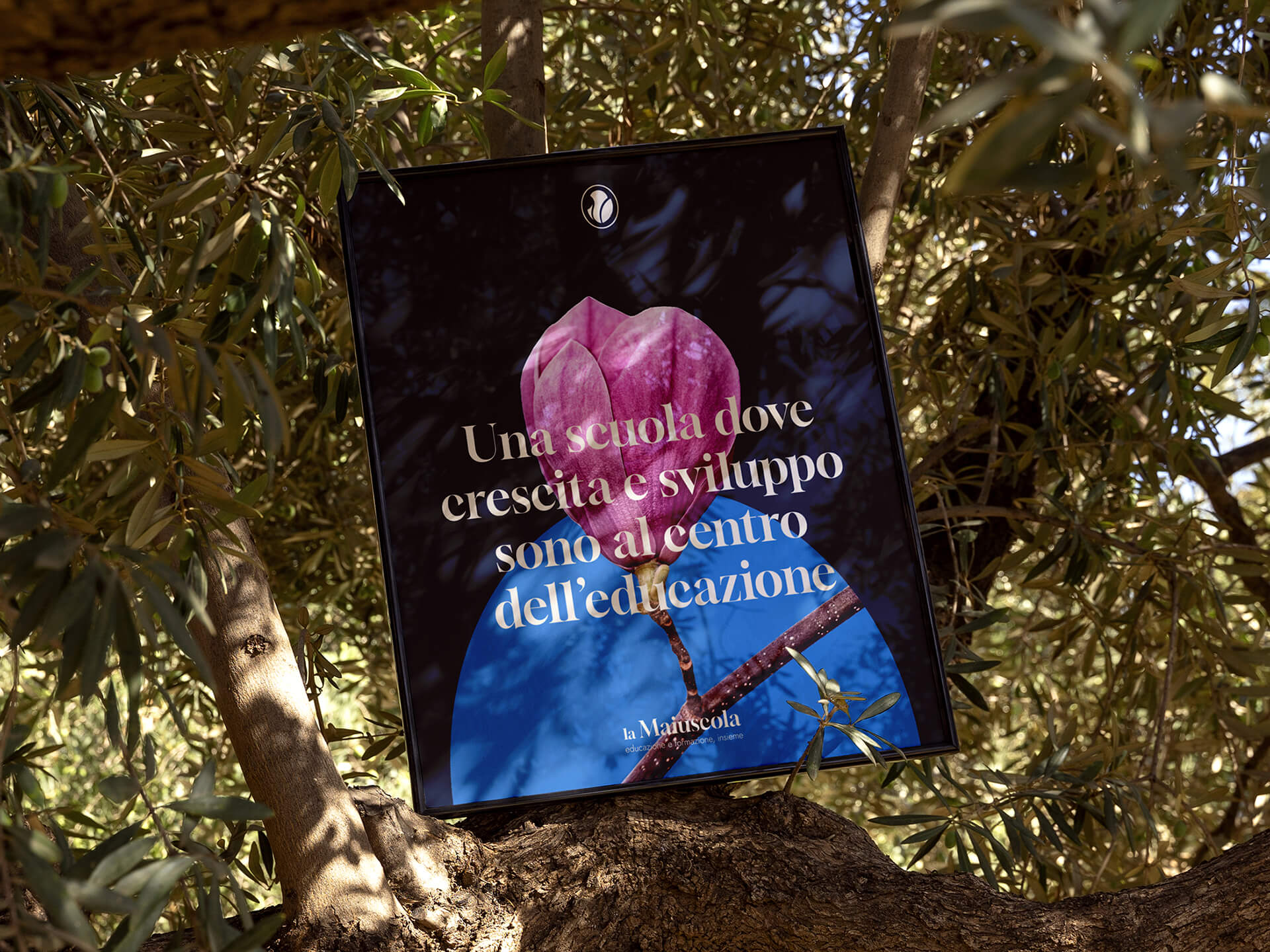 Poster with a pink magnolia flower and text in Italian about growth and development centered on education, placed on a tree branch.