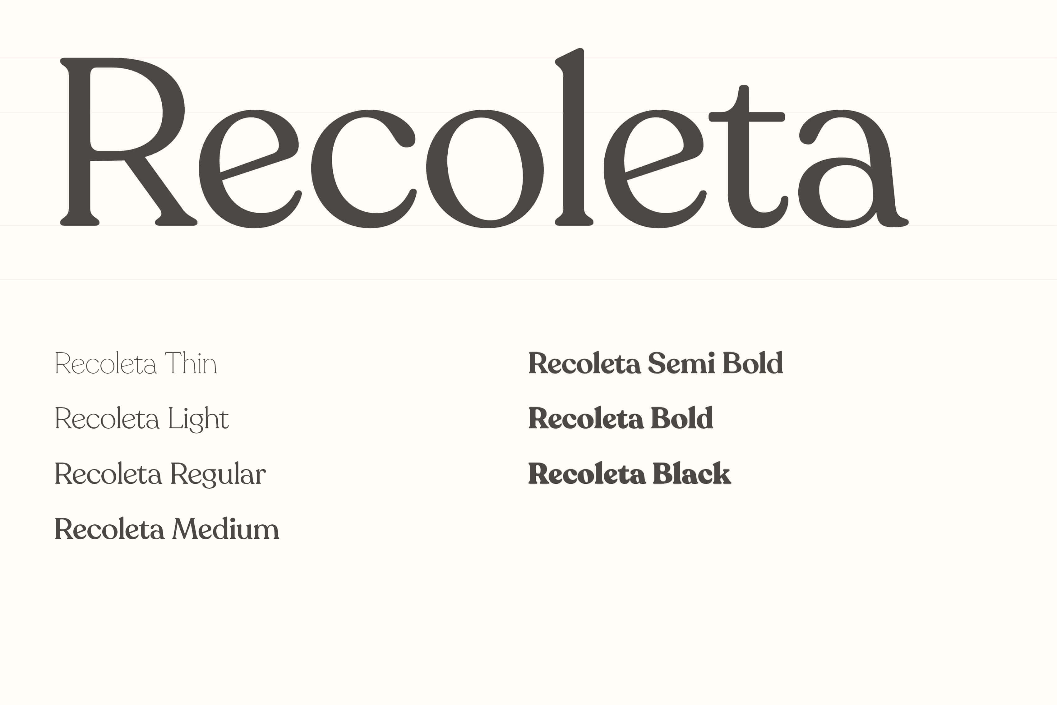 Typography sample showing the font 'Recoleta' in various weights: Thin, Light, Regular, Medium, Semi Bold, Bold, and Black.